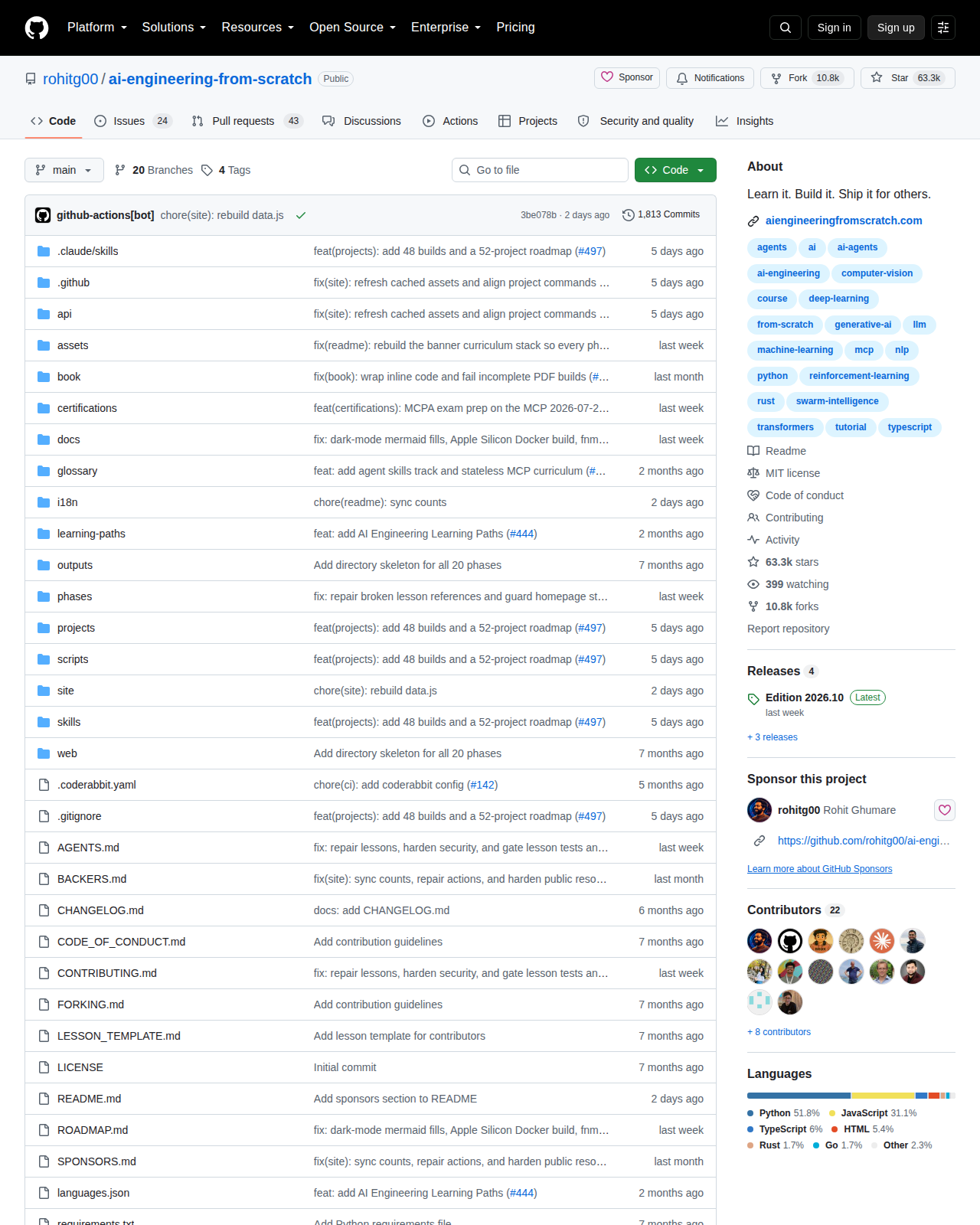 AI Engineering from Scratch 的 GitHub 倉庫首頁，顯示倉庫名稱 rohitg00/ai-engineering-from-scratch、62.7k 星標、10.7k 複製數、1,813 次提交與專案描述