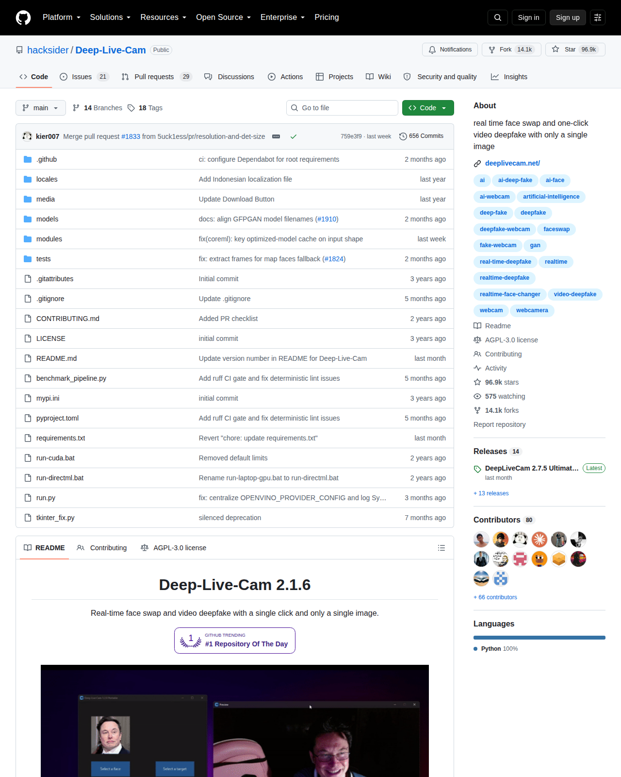 Deep-Live-Cam 的 GitHub 儲存庫首頁頂部，顯示專案名稱 hacksider/Deep-Live-Cam、星標數 96.9k、複製數 14.1k、主要語言 Python 與最新提交紀錄