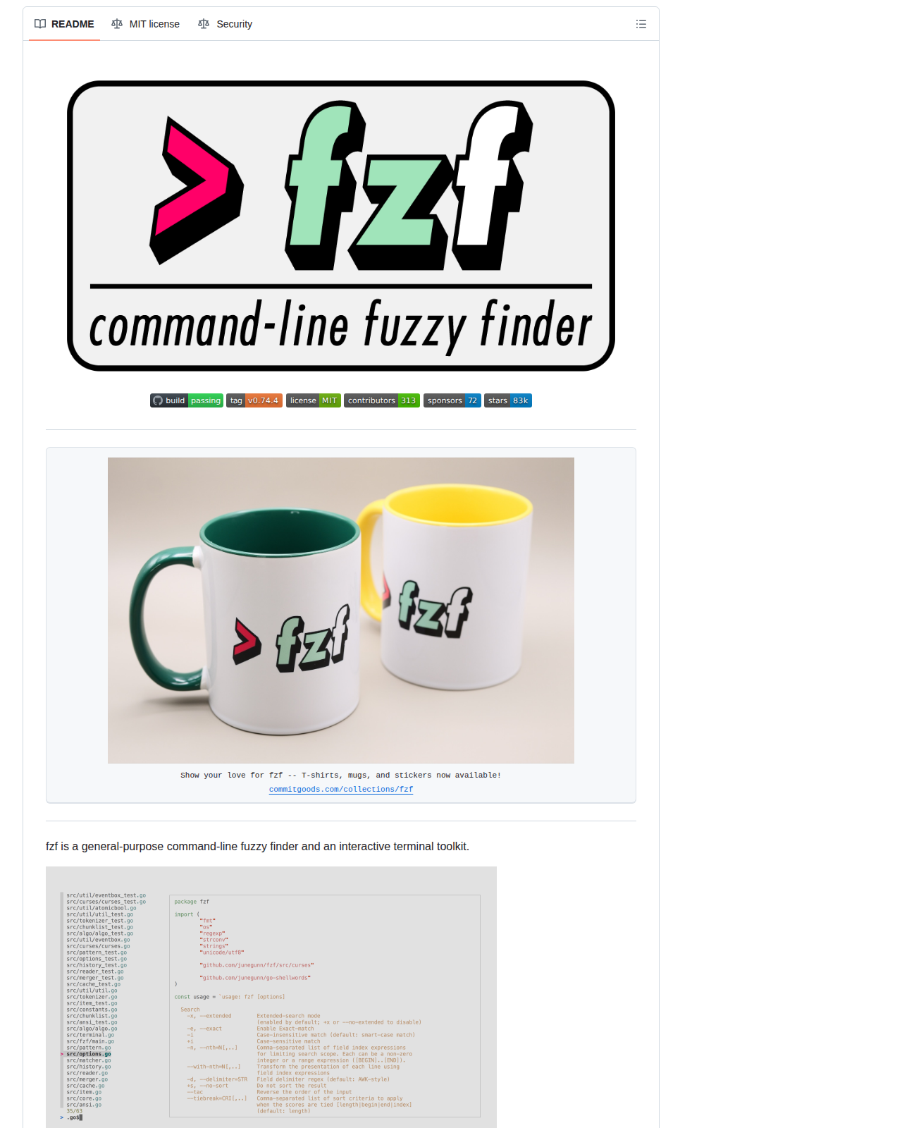fzf README 開頭（項目名稱、模糊搜尋器定位說明、MIT 授權徽章與週邊商品公告）