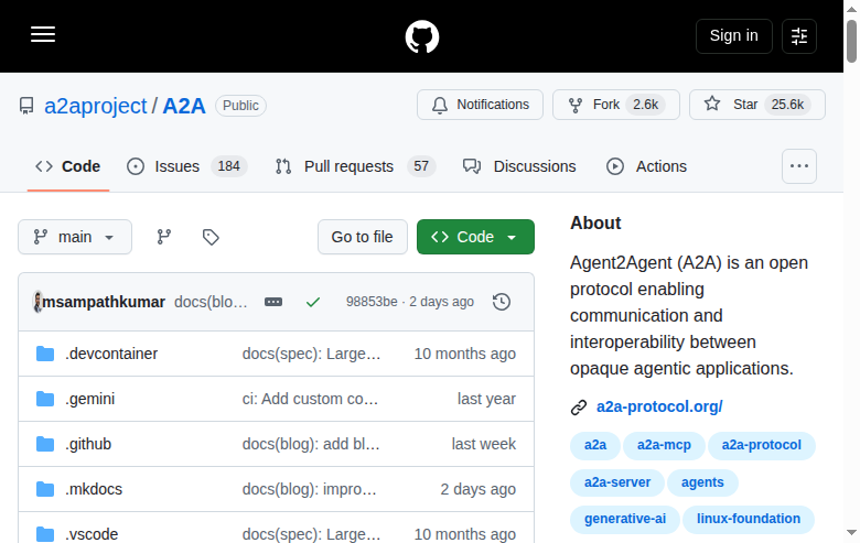 A2A 協議 GitHub 首頁頂部（a2aproject/A2A 儲存庫名稱、25.6k Star 數與專案描述）