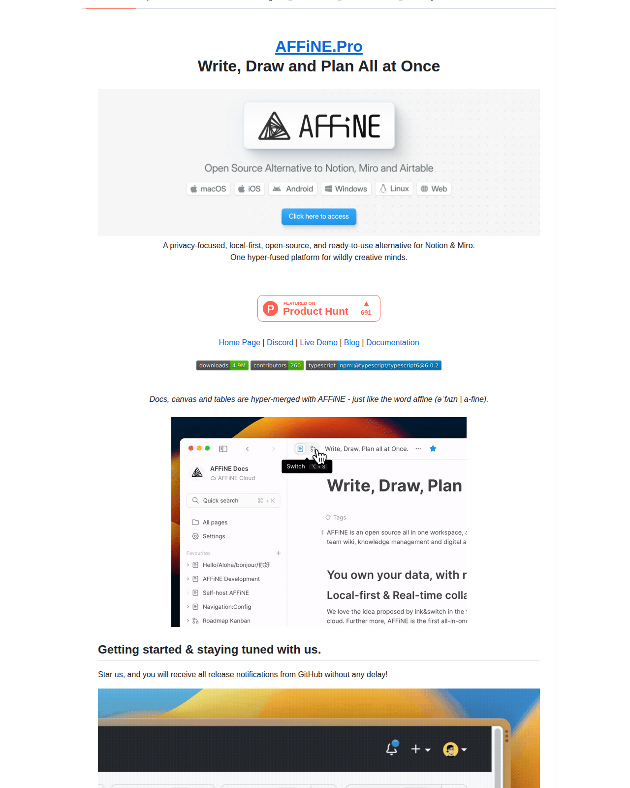 toeverything/AFFiNE README 開頭（專案名稱 AFFiNE、標語 Write, Draw and Plan All at Once，以及應用介面示意圖）