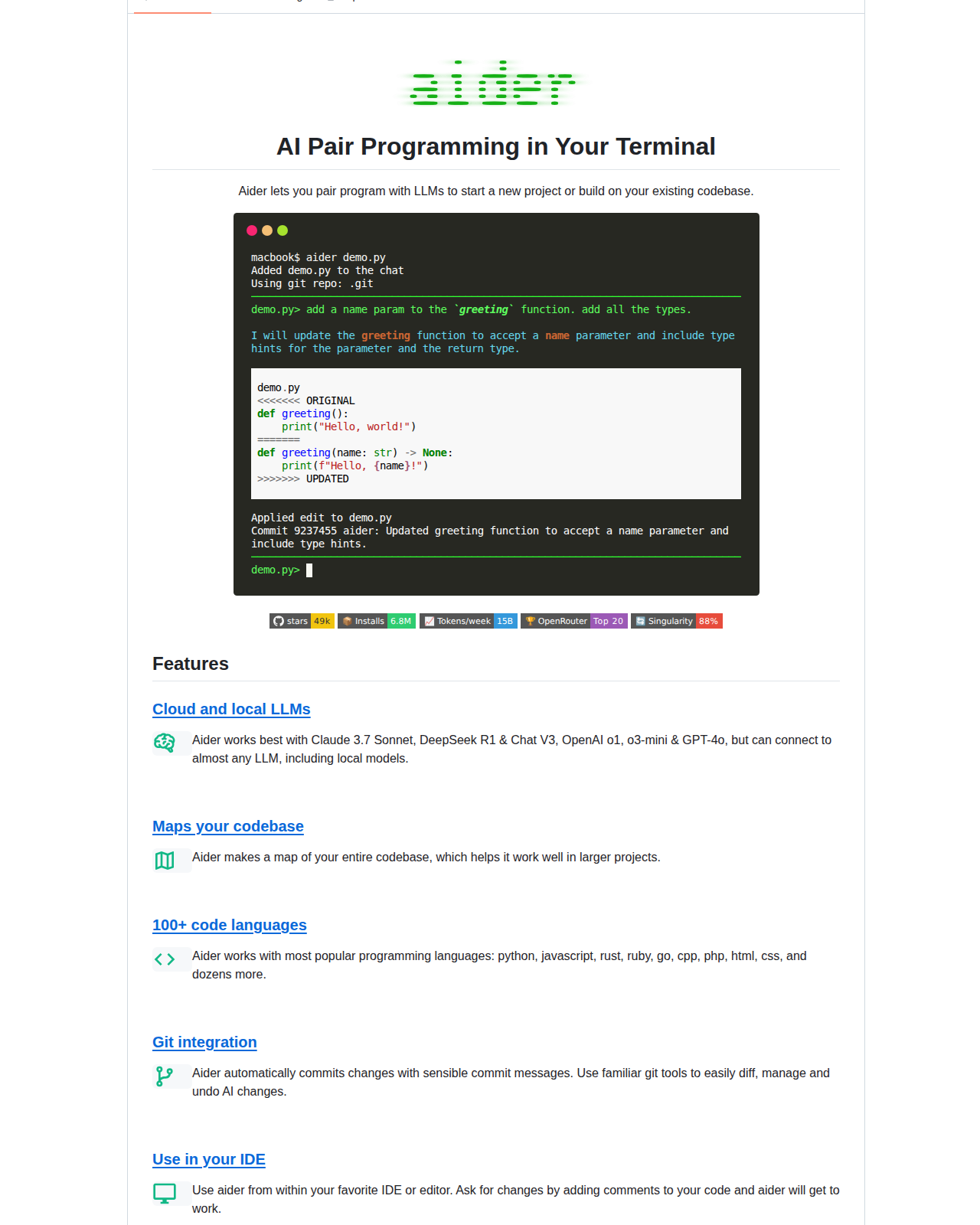 Aider README 開頭（專案名稱 Aider 標誌、標語 AI Pair Programming in Your Terminal 與功能列表）