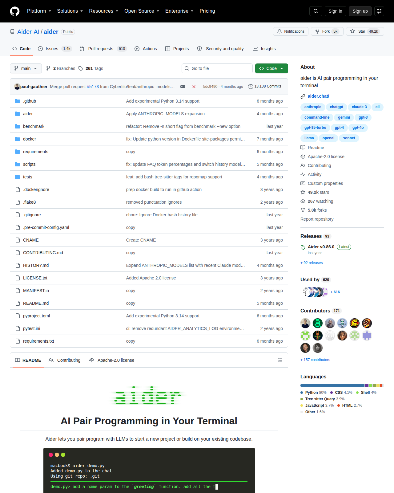 Aider GitHub 儲存庫頁面頂部（儲存庫名稱 Aider-AI/aider、星標數 49.2k 與 Python 語言標示）