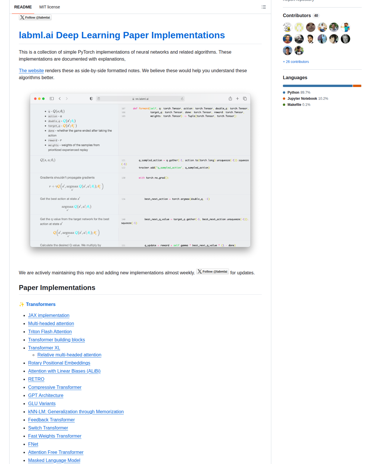 labml.ai Deep Learning Paper Implementations README 開頭（項目名稱大字標題「labml.ai Deep Learning Paper Implementations」+ 簡介「60+ Implementations/tutorials of deep learning papers with side-by-side notes」+ 網站連結 nn.labml.ai）