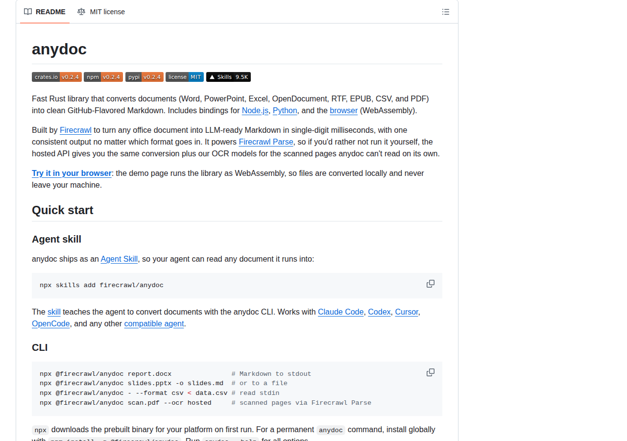firecrawl/anydoc README 開頭（專案名稱、徽章列與「把任何辦公室文件轉為可供語言模型使用的 Markdown」說明）