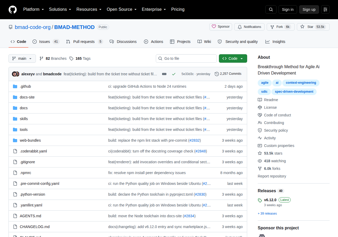 bmad-code-org/BMAD-METHOD GitHub 首頁頂部（儲存庫名稱 BMAD-METHOD、5.3 萬星標與專案描述）