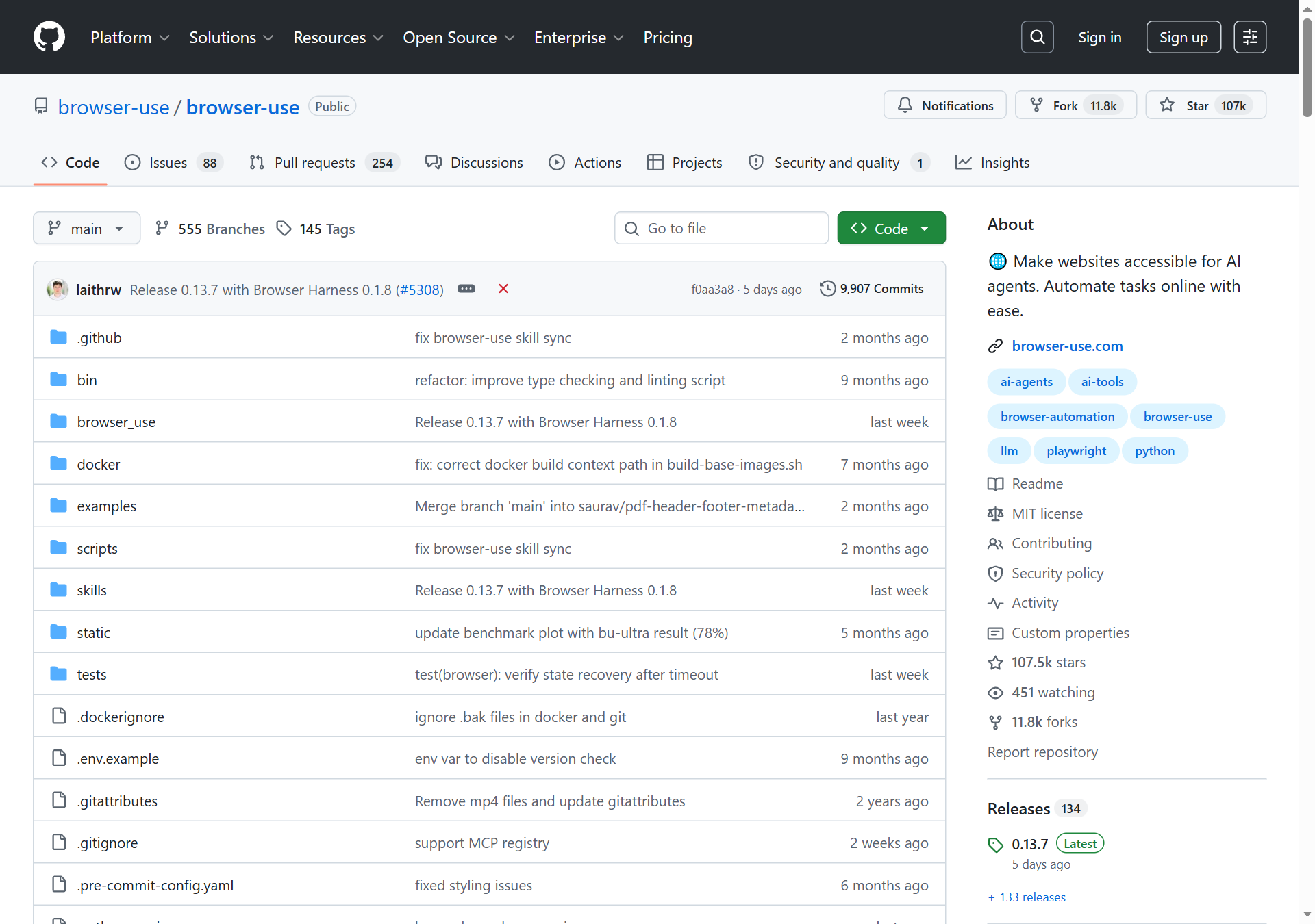 browser-use GitHub 主頁（107k stars）