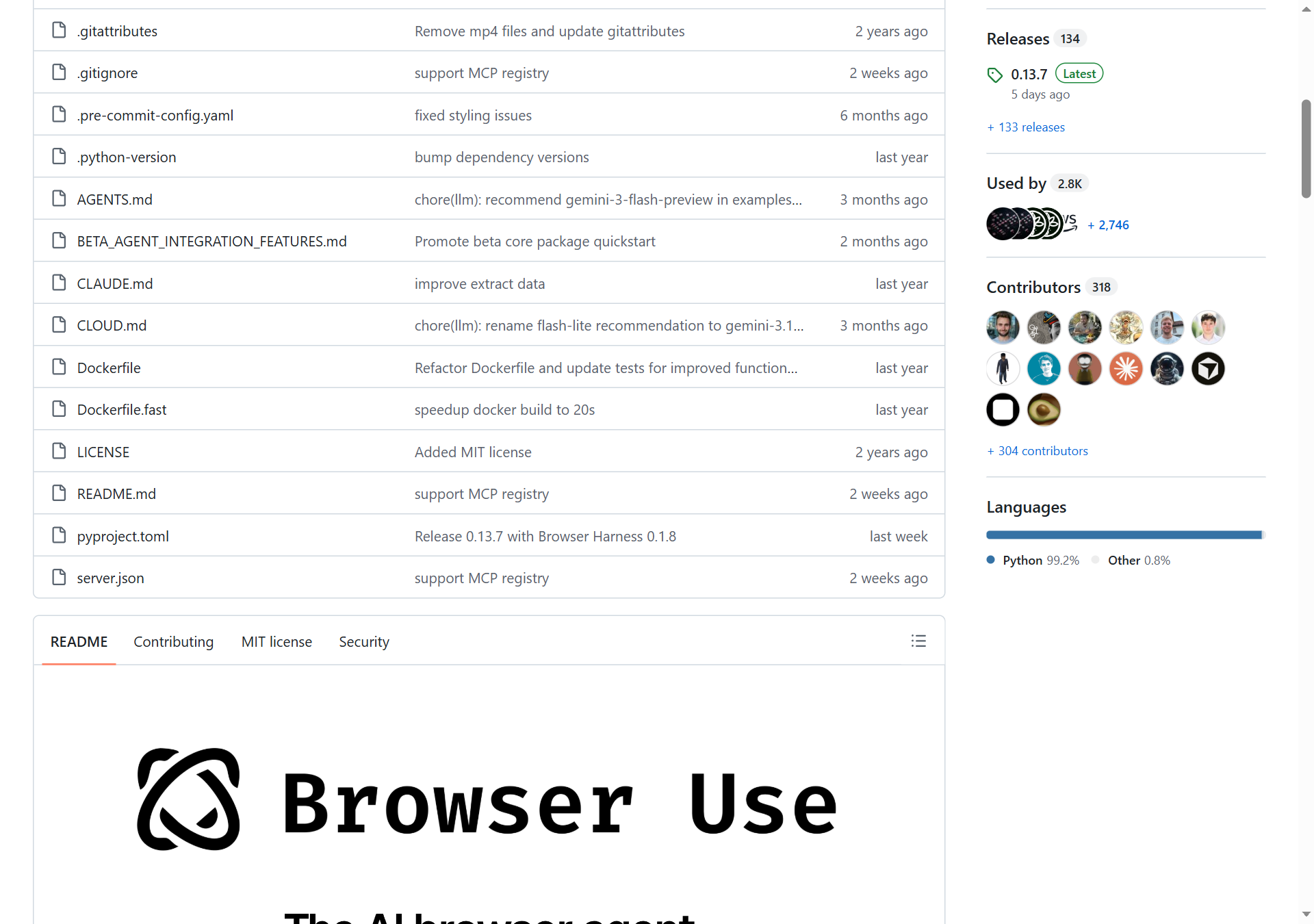 browser-use 專案統計（Releases/Contributors/Languages）
