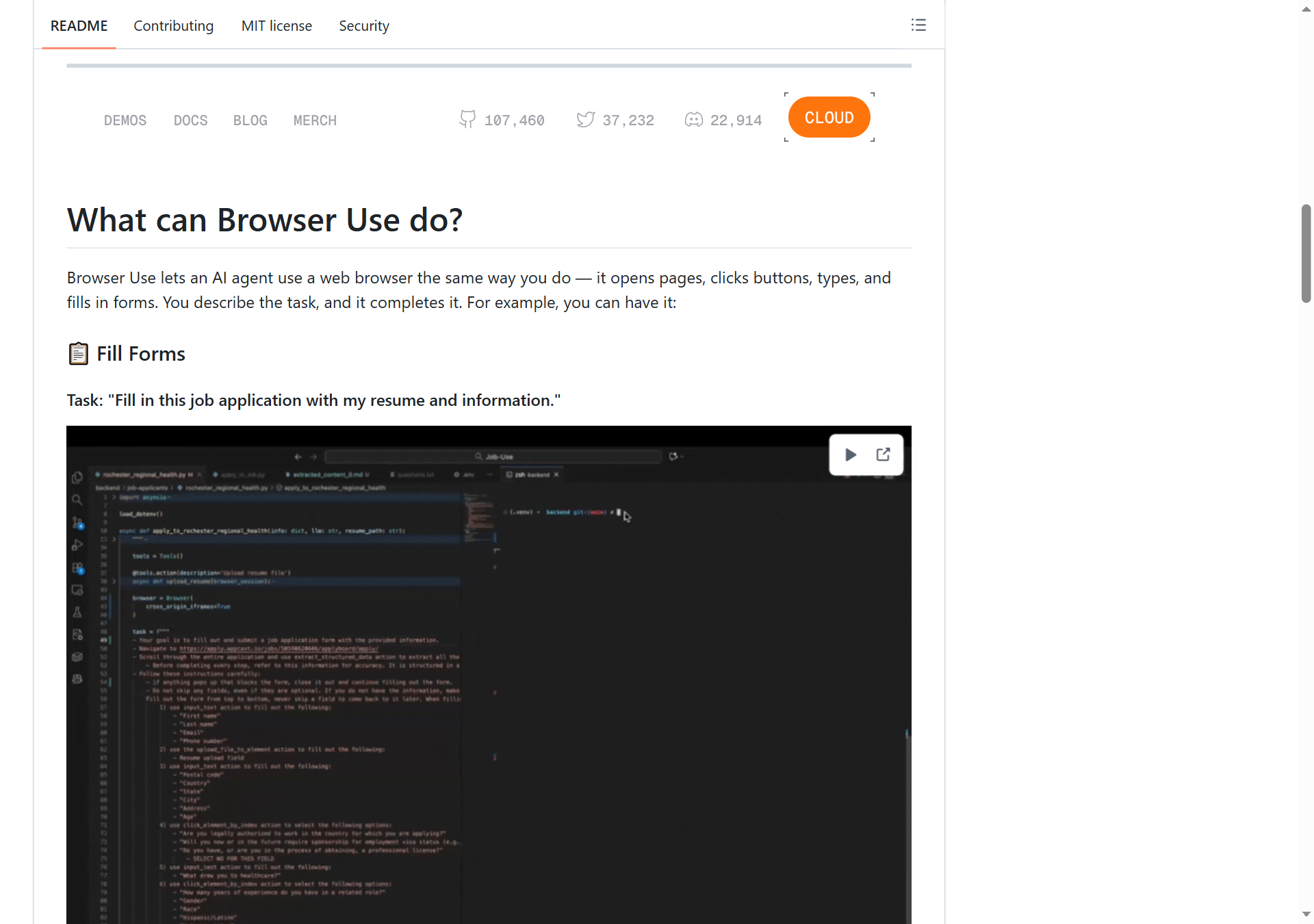 browser-use README 內容（功能示範）