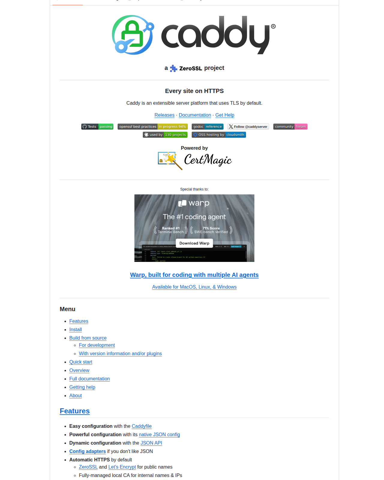 Caddy 的 GitHub 儲存庫 README 開頭，顯示 Caddy 標誌、ZeroSSL 專案字樣、Every site on HTTPS 標語，以及自動 HTTPS、Caddyfile 設定等特性說明