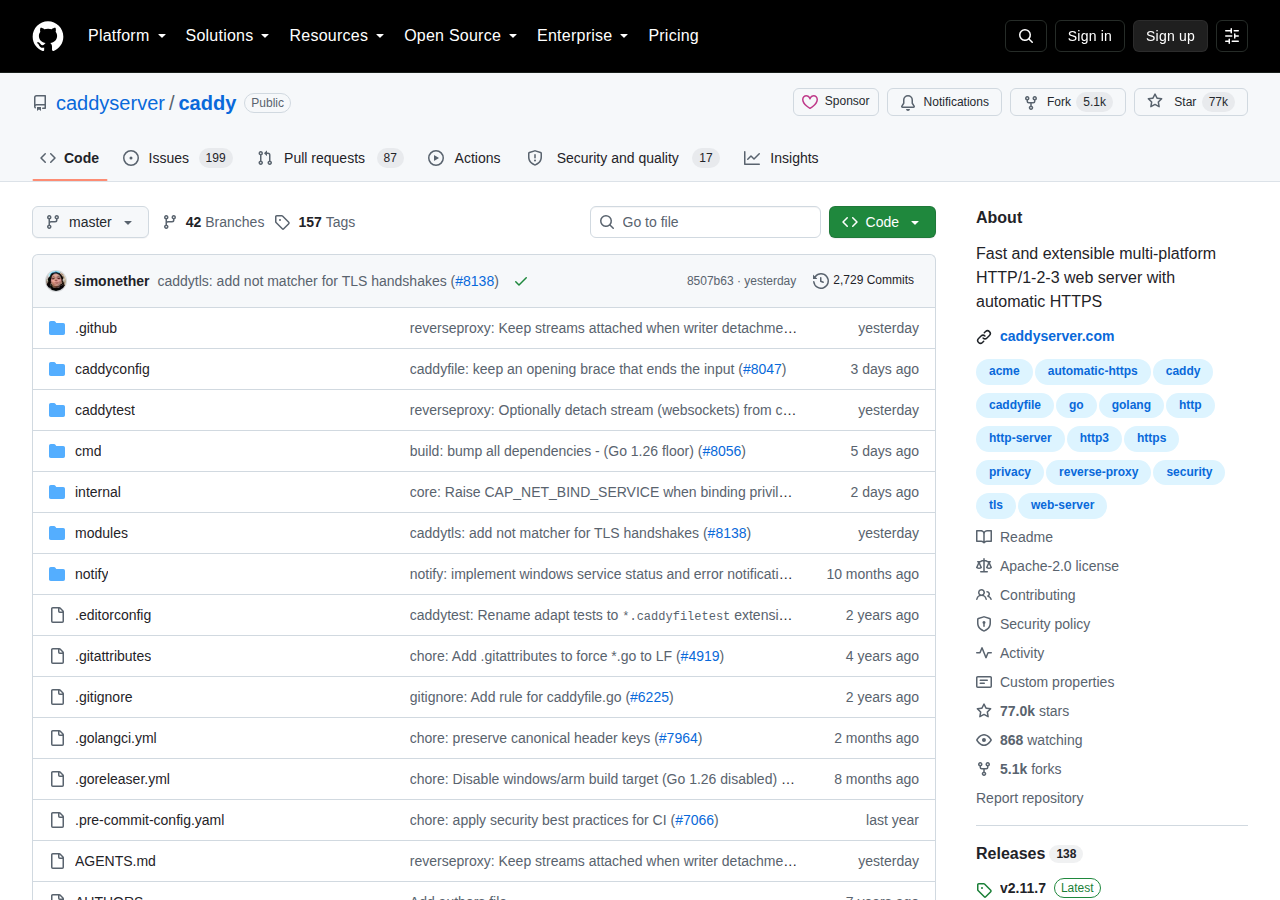 Caddy 的 GitHub 儲存庫首頁頂部，顯示 repo 名稱 caddyserver/caddy、Public 標記、repo 描述、76.9k 星標、868 位關注者，以及最新版本 v2.11.7