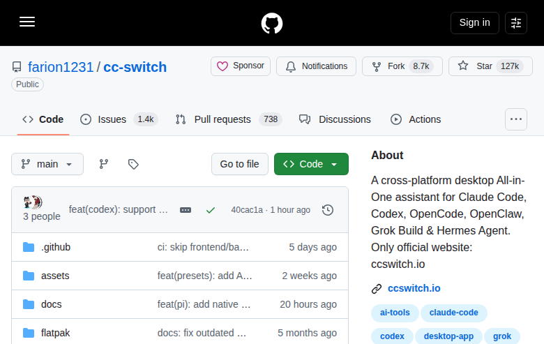 CC Switch GitHub 首頁頂部（repo 名稱「farion1231/cc-switch」+ Star 127k + Fork 8.7k + 描述「A cross-platform desktop All-in-One assistant for Claude Code, Codex, OpenCode, OpenClaw, Grok Build & Hermes Agent」+ 官方網站連結 + 主題標籤）