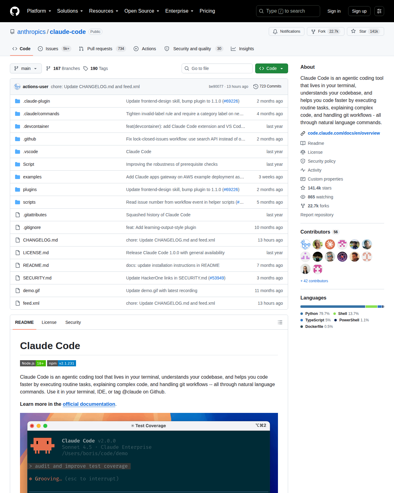 Claude Code GitHub 首頁頂部（repo 名 + Star 數 141k + 官方描述）