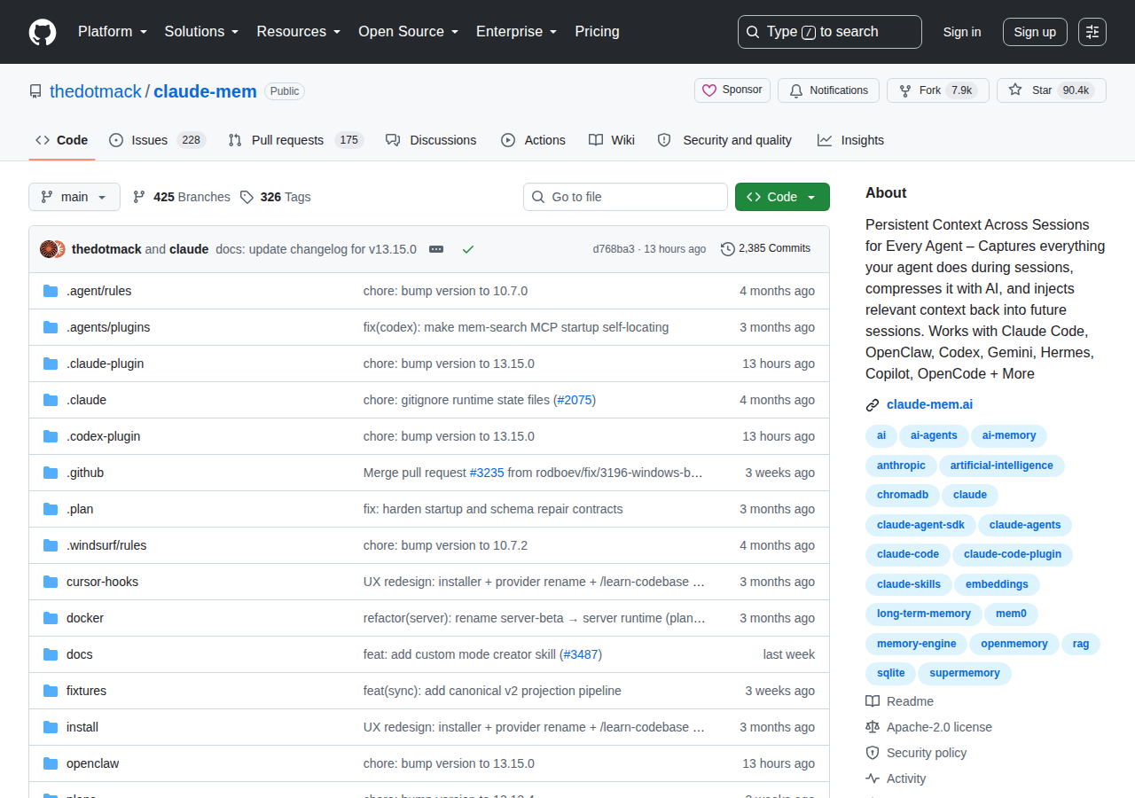 claude-mem GitHub 首頁頂部（repo 名 thedotmack/claude-mem + Star 數 90.4k + 描述「Persistent Context Across Sessions for Every Agent」+ Apache-2.0 授權 + topics）