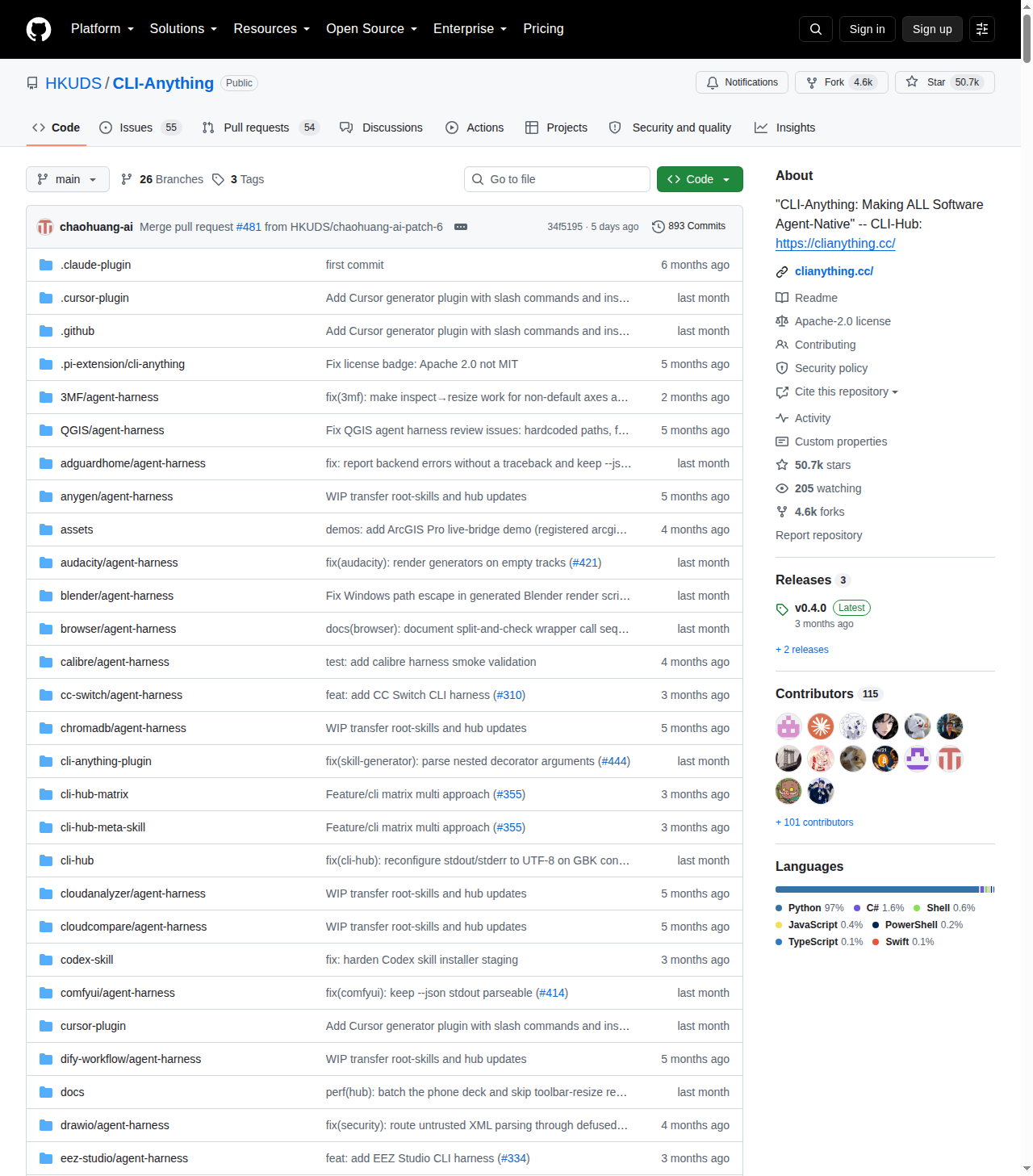 HKUDS/CLI-Anything GitHub 首頁頂部（儲存庫名稱、Star 數 50.7k 與專案描述）