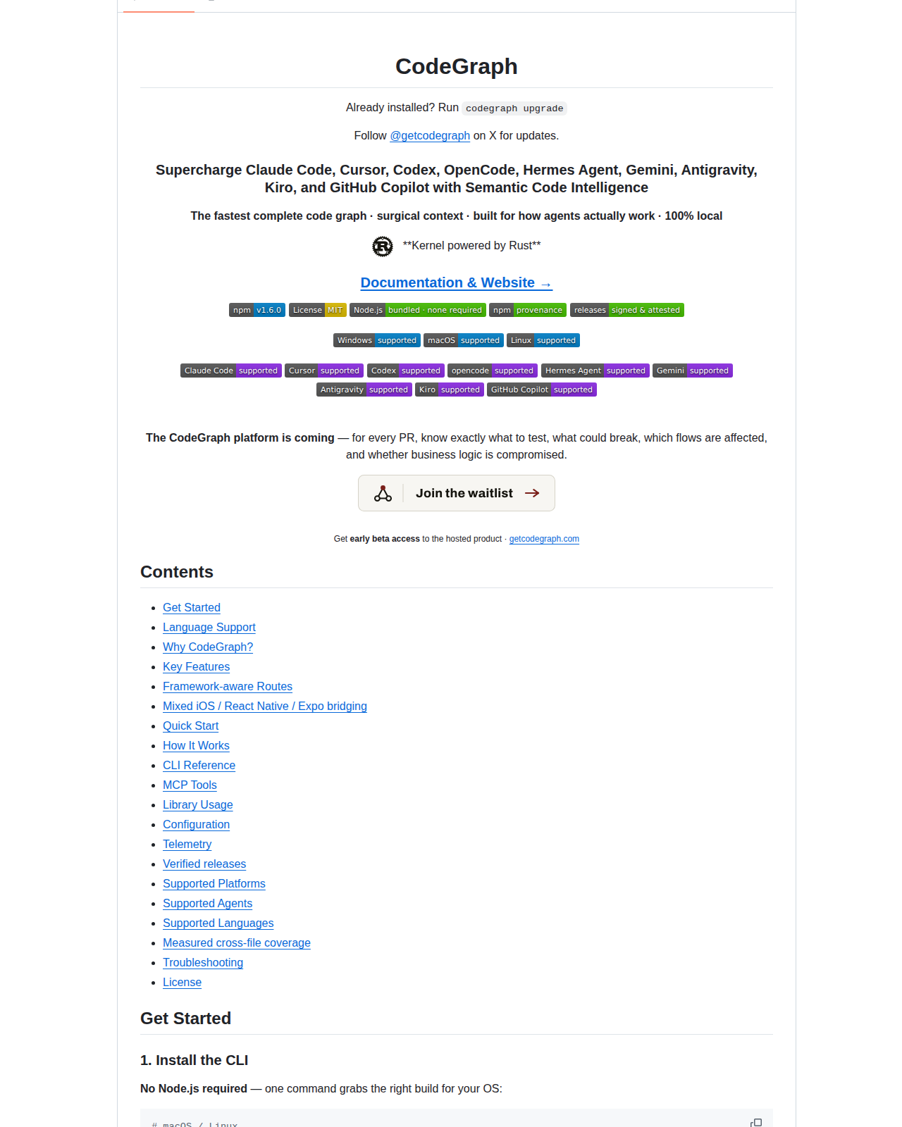 colbymchenry/codegraph README 開頭（專案名稱 CodeGraph、標語 Supercharge Claude Code 與支援代理清單，以及 Rust 核心說明）