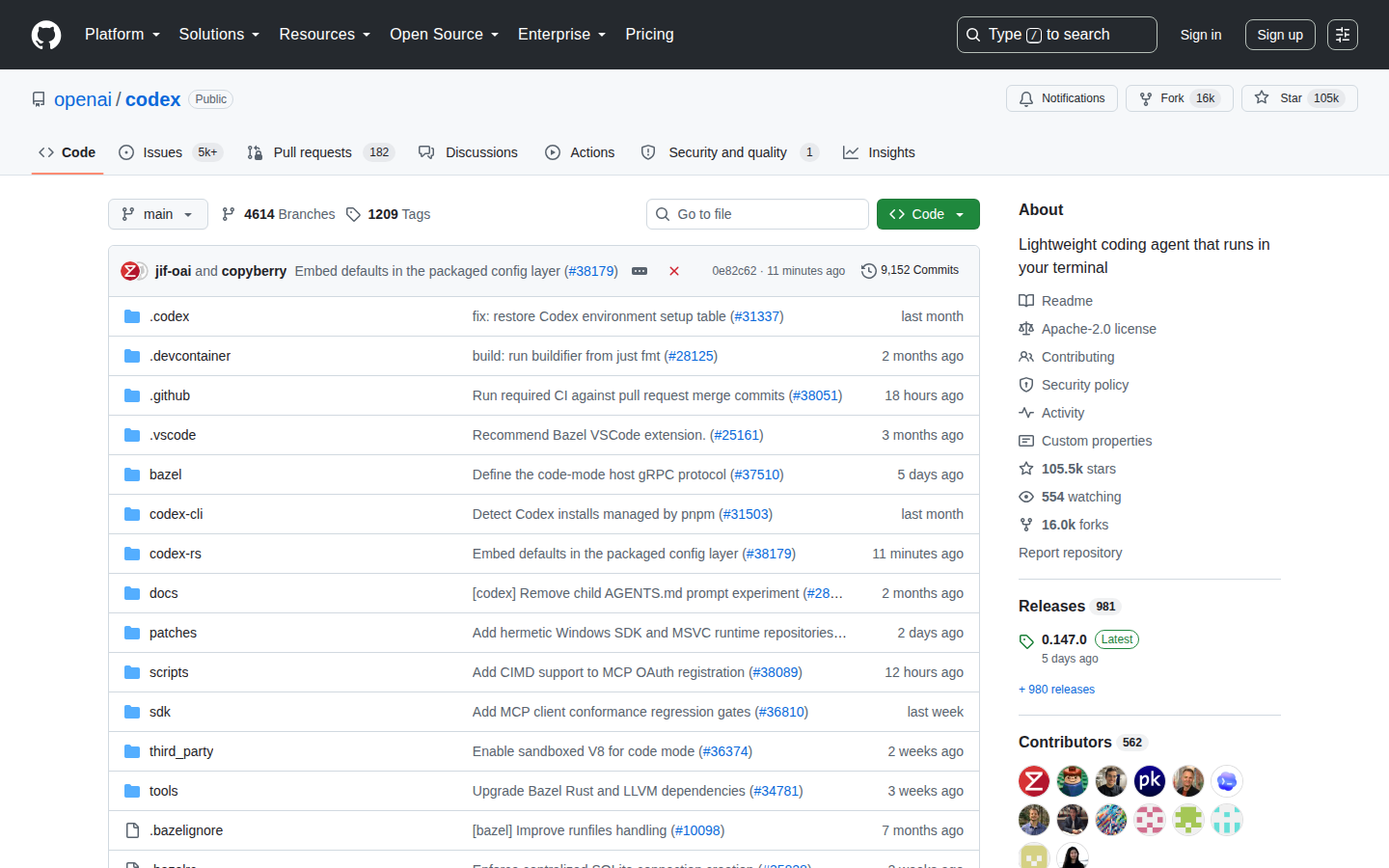 OpenAI Codex GitHub 首頁頂部（repo 名稱「openai/codex」+ 105k 星標 + 16k Forks + 描述「Lightweight coding agent that runs in your terminal」+ Apache-2.0 許可標籤 + Rust 語言標籤）