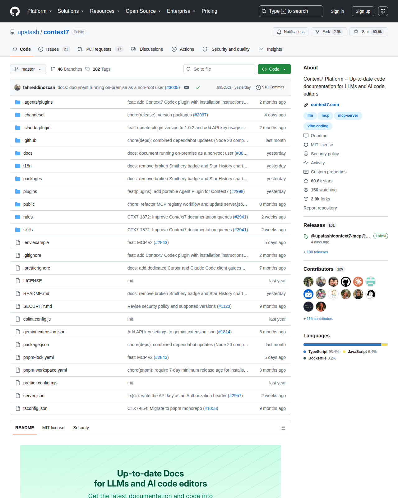 Context7 GitHub 首頁頂部(repo 名 upstash/context7 + Star 數 60.6k + 描述「Up-to-date code documentation for LLMs and AI code editors」)