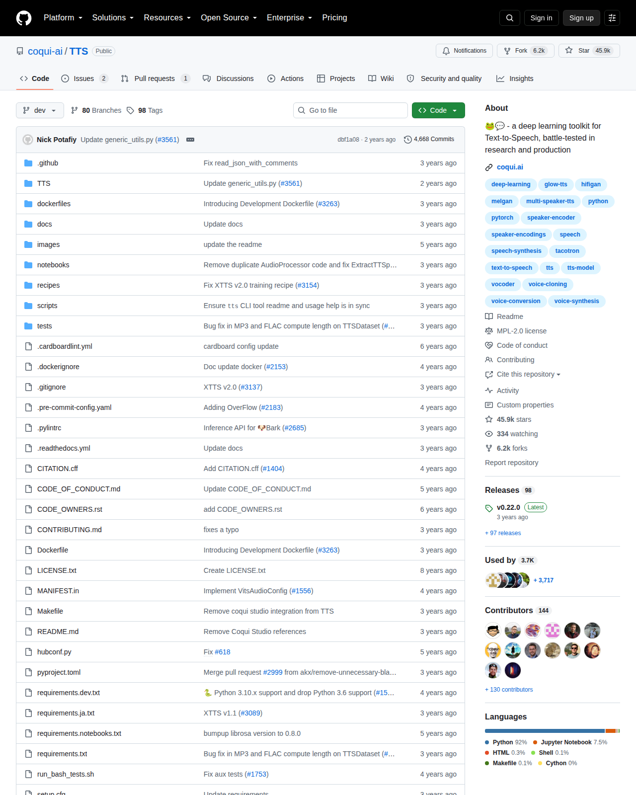 Coqui TTS GitHub 首頁頂部（repo 名稱「coqui-ai / TTS」+ 45.9k 星標 + 6.2k Forks + 描述「🐸💬 - a deep learning toolkit for Text-to-Speech, battle-tested in research and production」+ Python 主要語言 + MPL-2.0 授權）