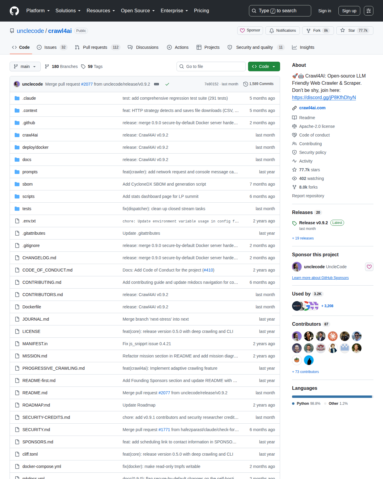 Crawl4AI GitHub 首頁頂部（repo 名稱 unclecode/crawl4ai + 77.7k Star 數 + 8k Fork 數 + 檔案目錄）