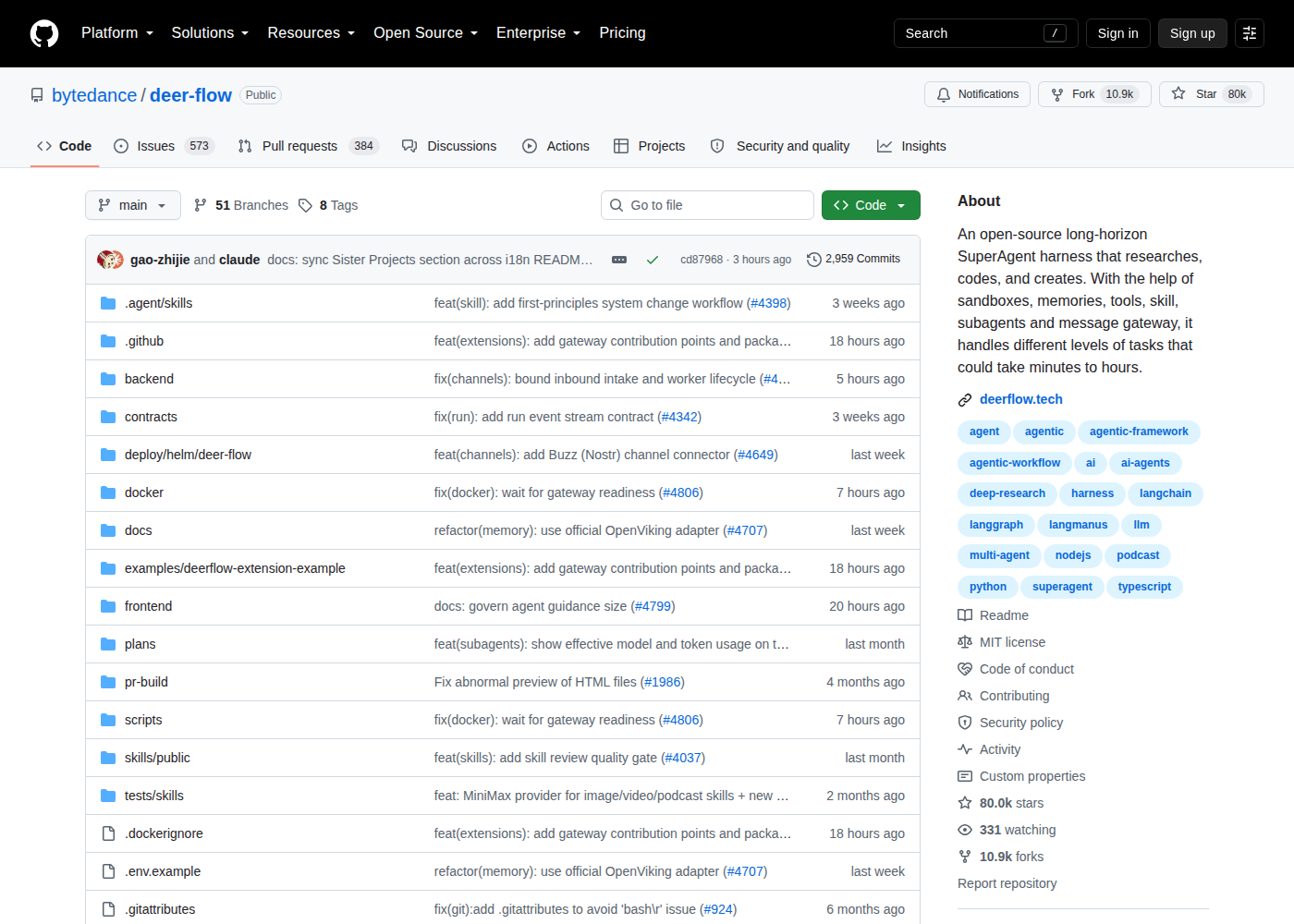 DeerFlow GitHub 首頁頂部（repo 名 bytedance/deer-flow + Star 數 + 項目描述）