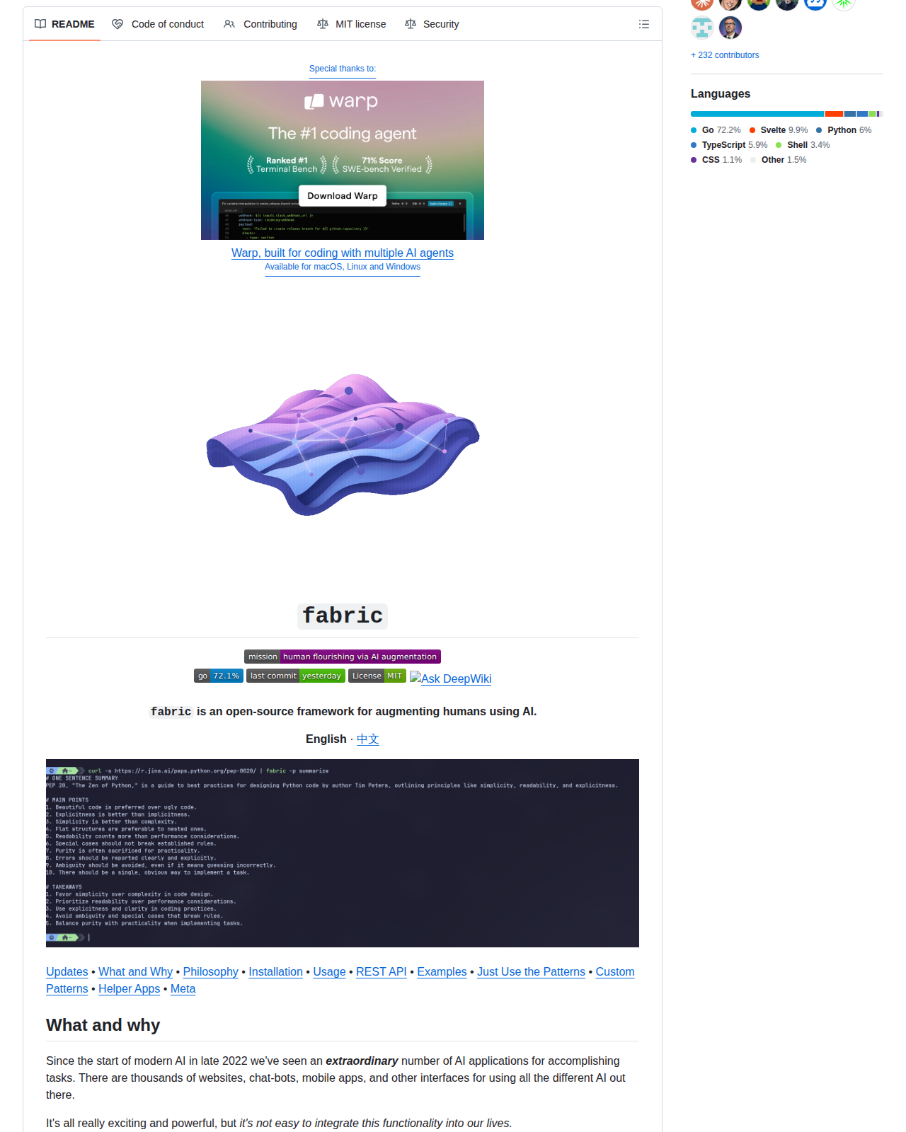 Fabric 專案的 README 開頭，顯示專案名稱 fabric、標語「an open-source framework for augmenting humans using AI」以及授權與社群徽章