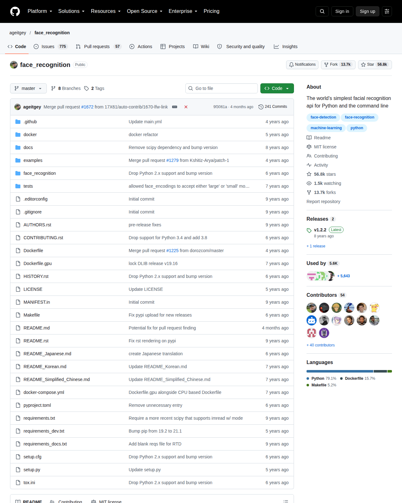 face_recognition GitHub 首頁頂部（儲存庫名稱、星標數量與項目描述）