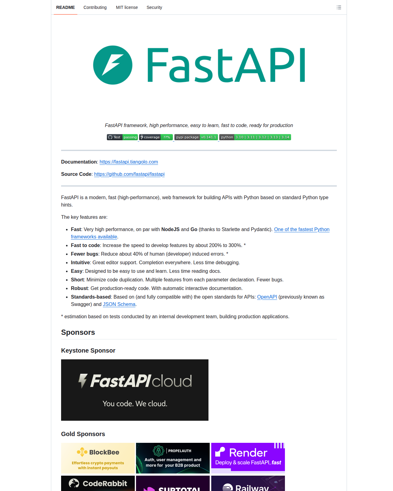 FastAPI README 開頭（項目名稱 FastAPI + 綠色閃電標誌 + 標語「FastAPI framework, high performance, easy to learn, fast to code, ready for production」+ 測試與覆蓋率徽章 + PyPI 套件版本 0.141.1）