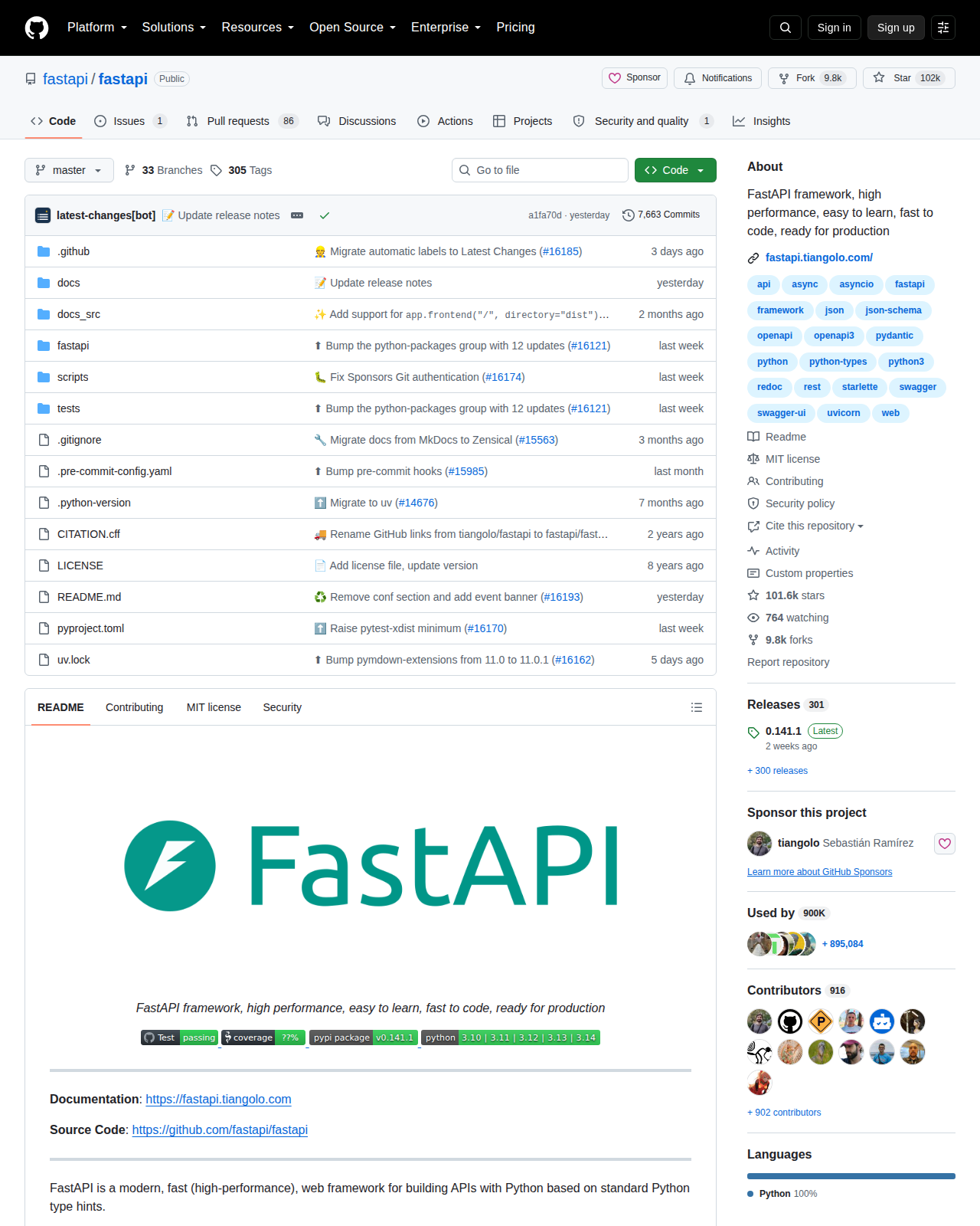 FastAPI GitHub 首頁頂部（repo 名稱 fastapi/fastapi + 102k Star + 9.8k Forks + 描述「FastAPI framework, high performance, easy to learn, fast to code, ready for production」+ 主要語言 Python 100% + MIT 授權）