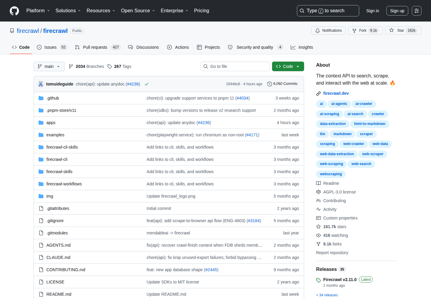 Firecrawl GitHub 主頁（162k stars + 項目描述）