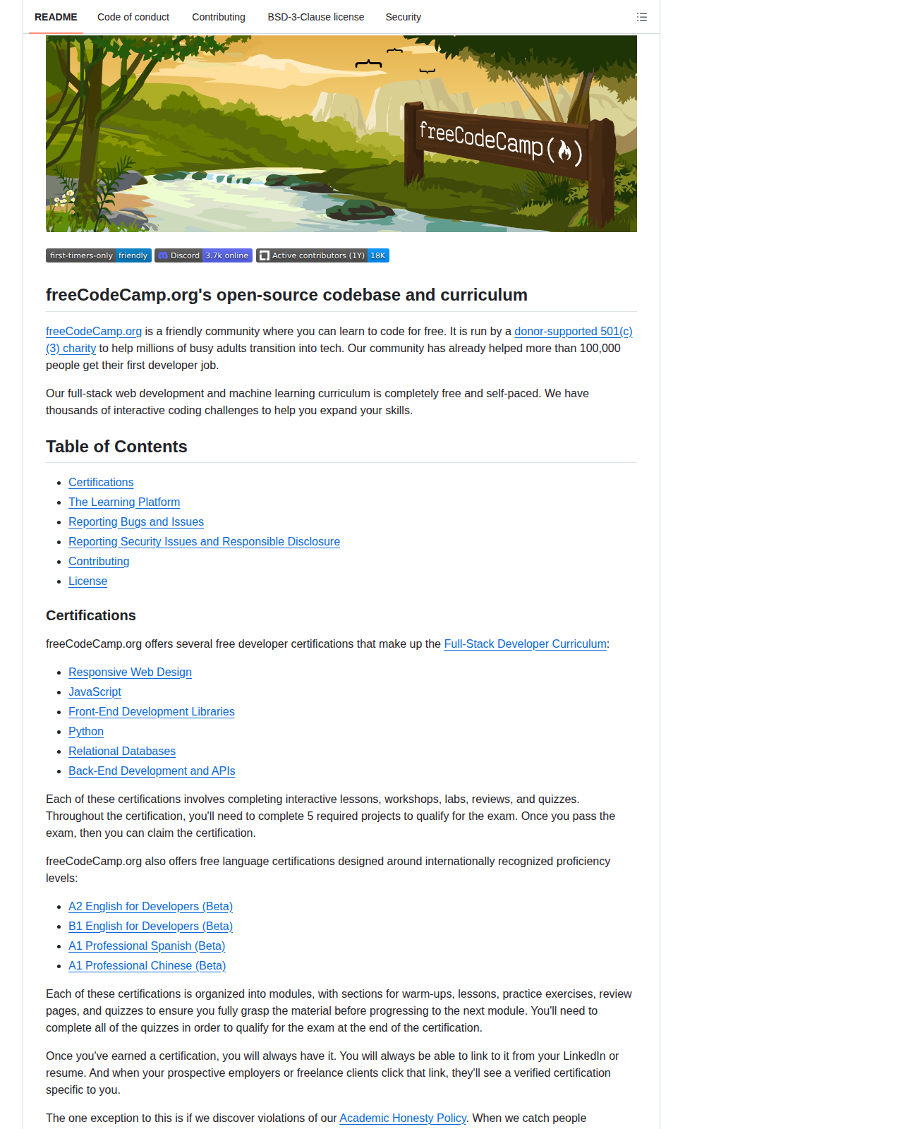 freeCodeCamp README 開頭(項目品牌橫幅、freeCodeCamp.org's open-source codebase and curriculum 標題與項目簡介)