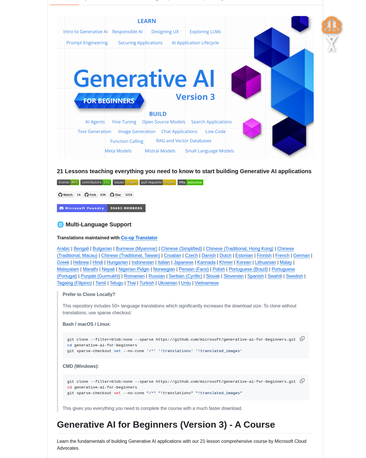 Generative AI for Beginners README 開頭，顯示課程縮圖、21 節課主題分類與星標數