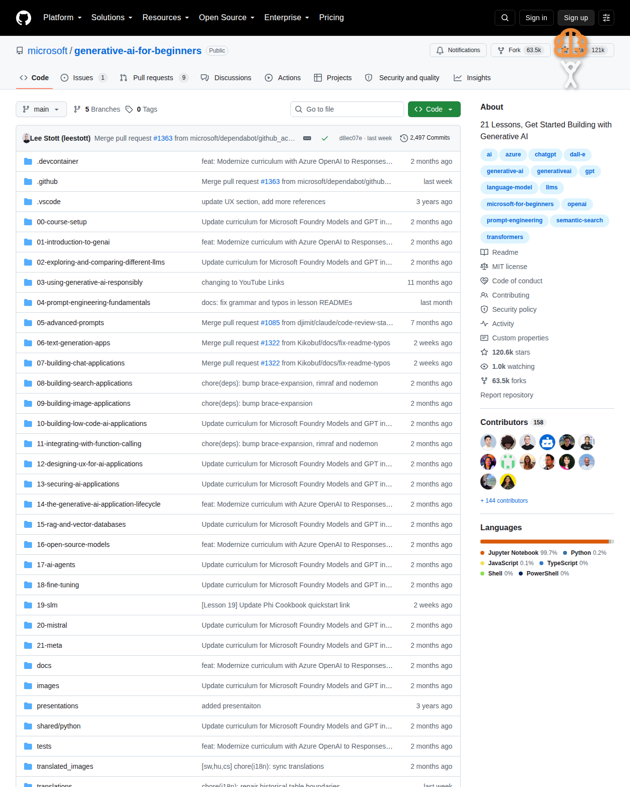 Generative AI for Beginners 課程 GitHub 首頁頂部，顯示 repo 名稱、星標 121k、複製 63.5k 與檔案目錄結構