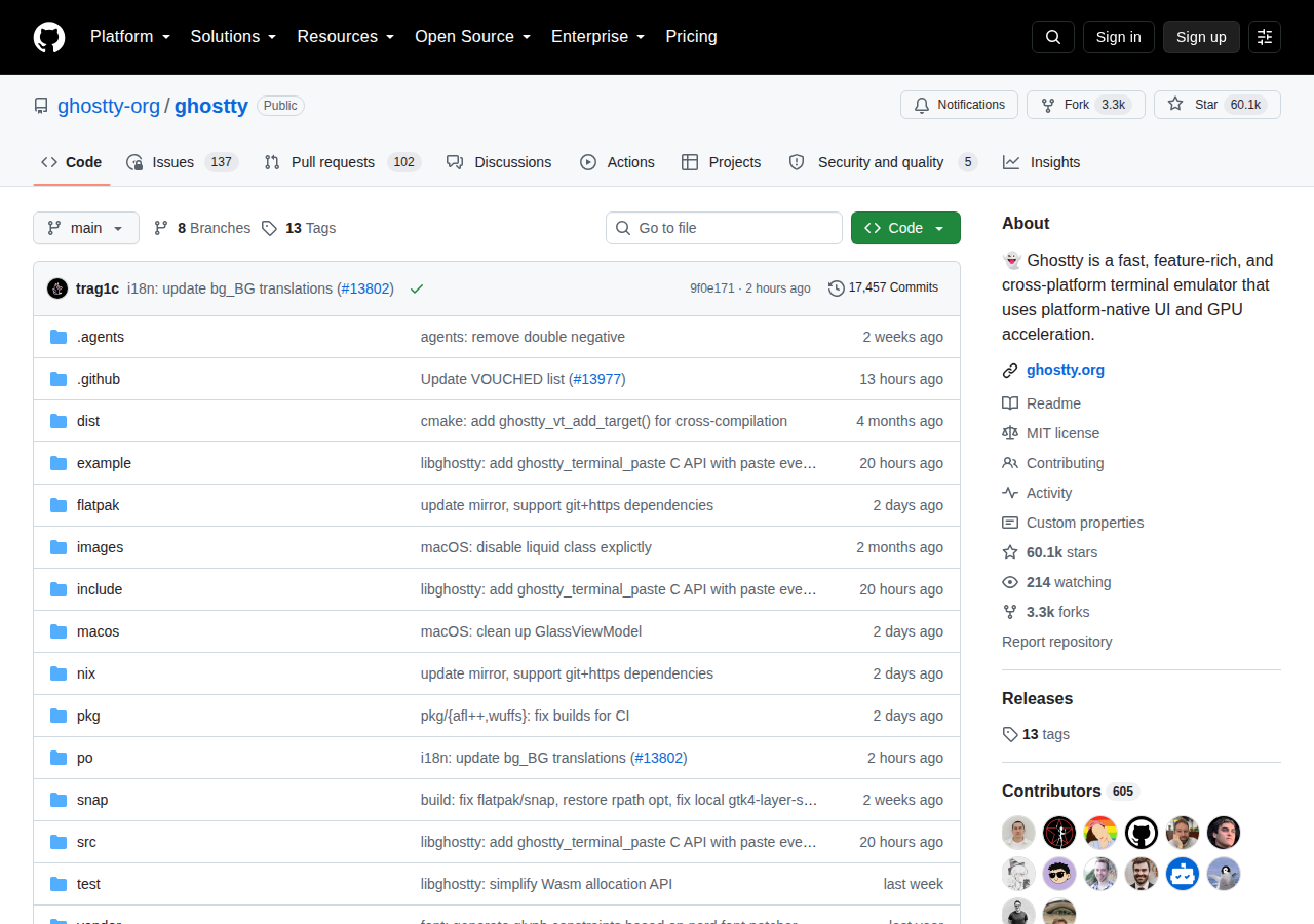 Ghostty GitHub 首頁頂部（repo 名稱、Star 數與描述，顯示 60,105 顆星與快速原生終端模擬器定位）
