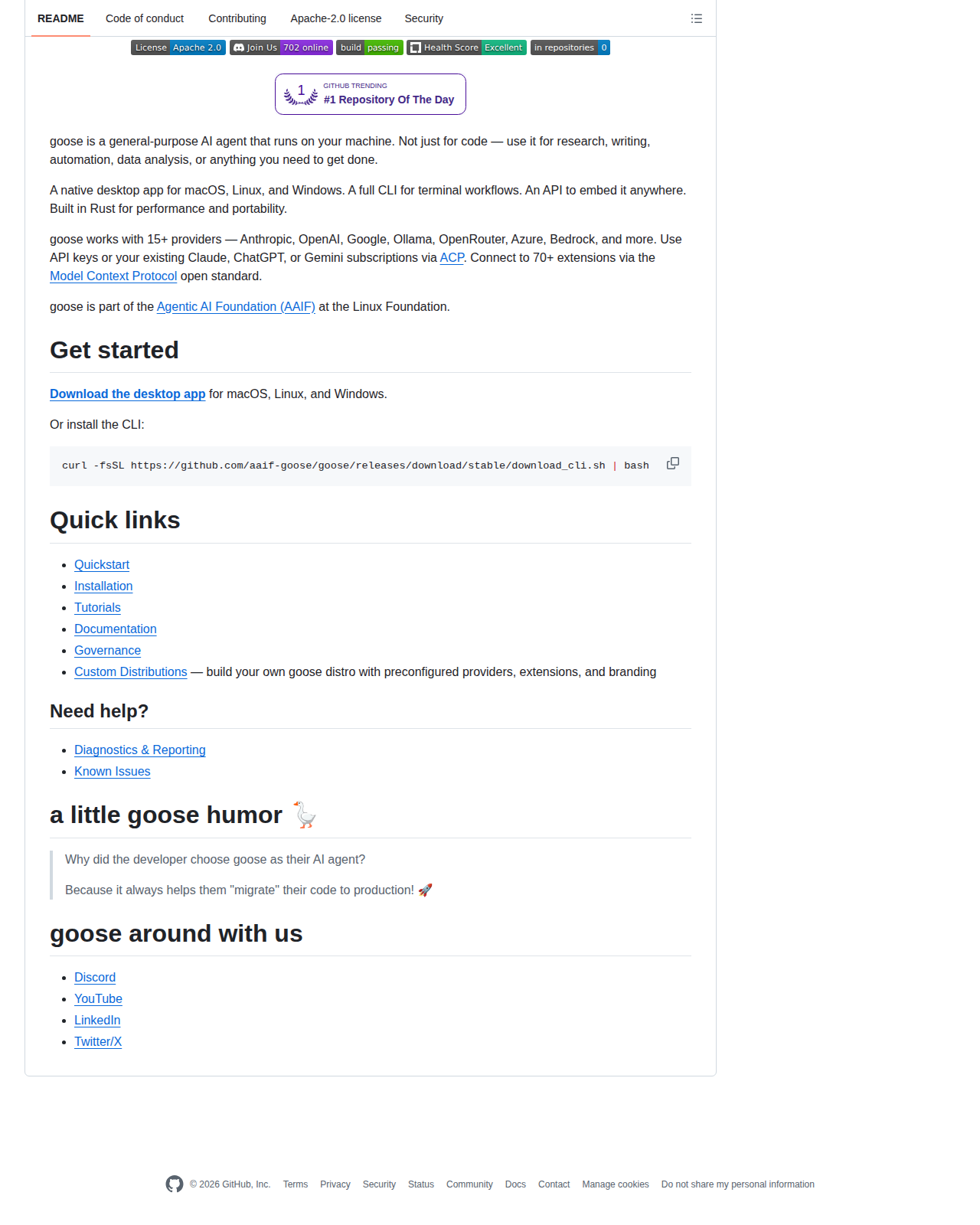 goose README 開頭（項目名稱「goose」+ 標語「your native open source AI agent」+ 授權與社群徽章 + Linux 基金會 AAIF 成員標示）
