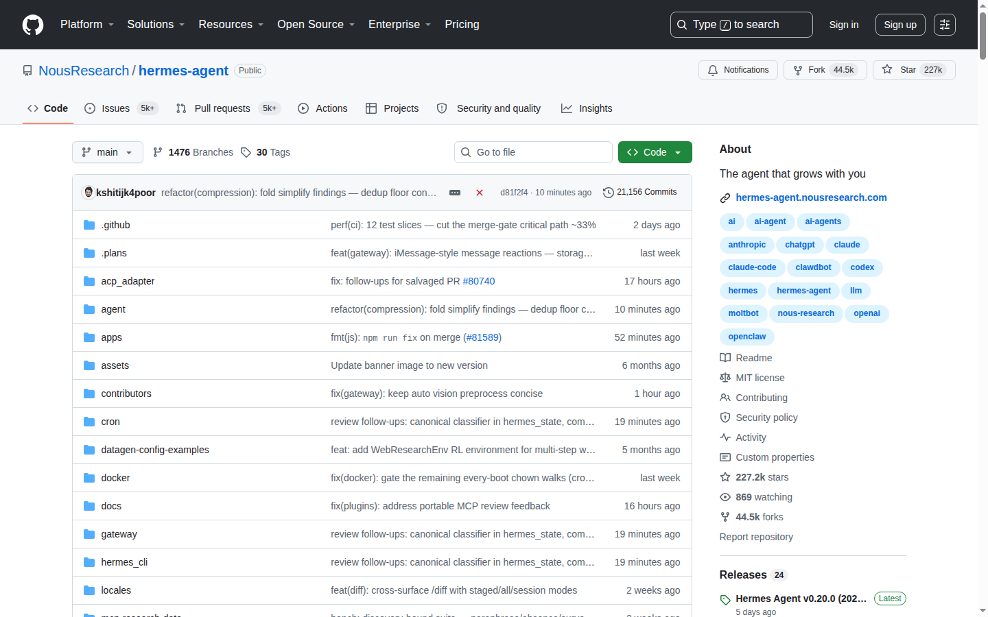 Hermes Agent GitHub 主頁（repo 名 + 227k stars + 項目描述）