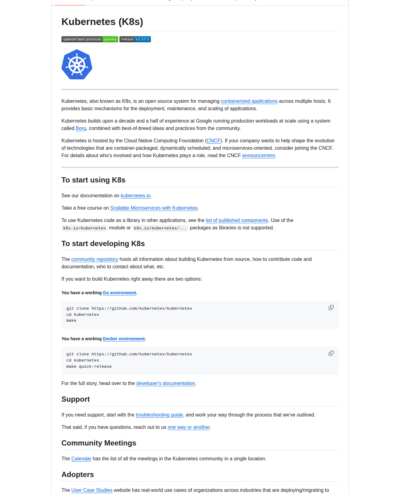 Kubernetes README 開頭（專案名稱 Kubernetes (K8s)、Borg 歷史背景說明與 To start using K8s 章節）