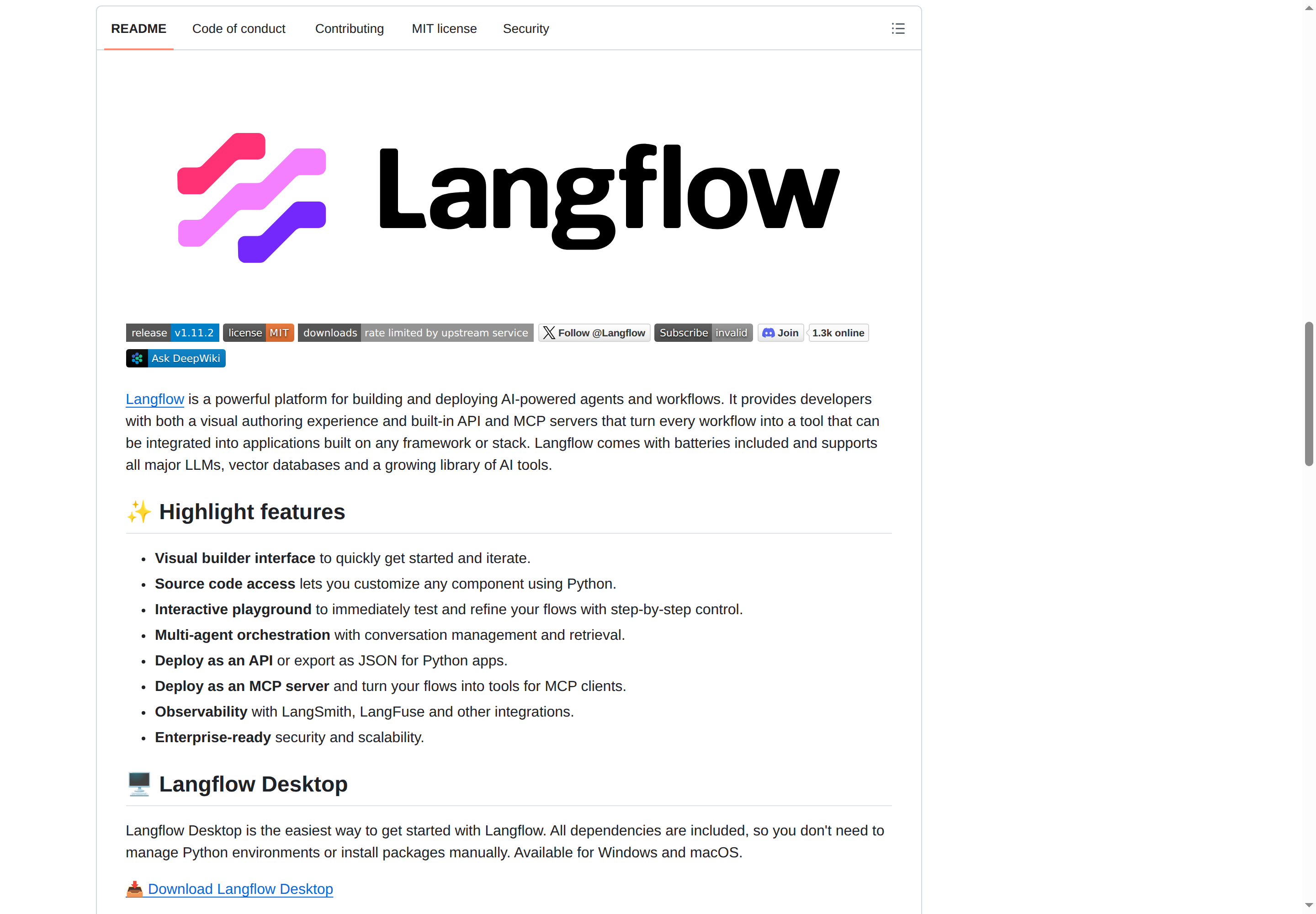 Langflow README 開頭（項目名稱 + 平台定位描述）