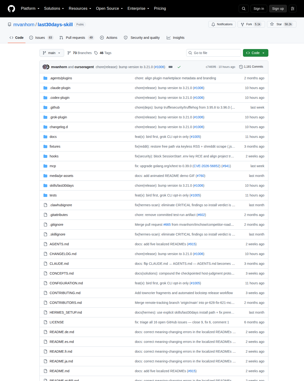 last30days GitHub 首頁頂部(repo 名稱「mvanhorn/last30days-skill」+ 58.2k 星標 + 5.1k Forks + 描述「AI agent skill that researches any topic across Reddit, X, YouTube, HN, Polymarket, and the web」+ 1,181 Commits 與分支/標籤資訊)