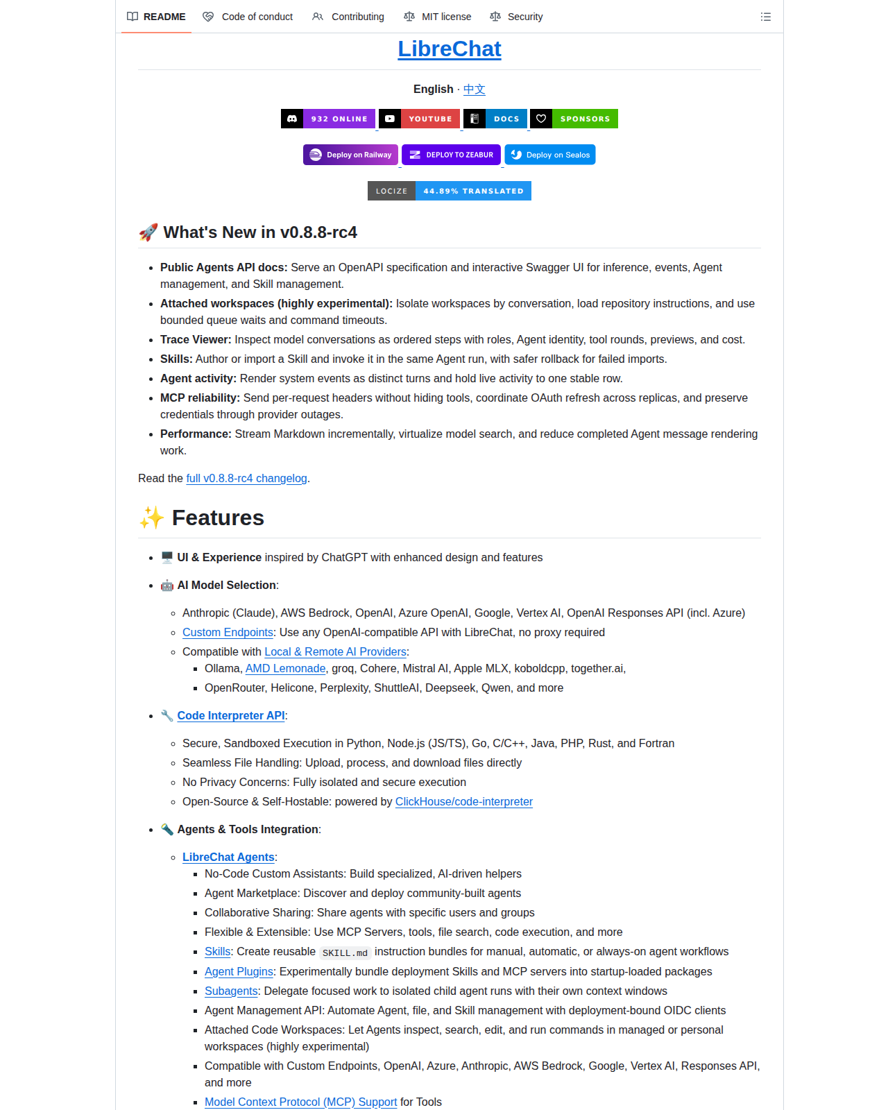 LibreChat README 開頭（專案名稱 LibreChat 與 v0.8.8-rc4 版本更新重點）