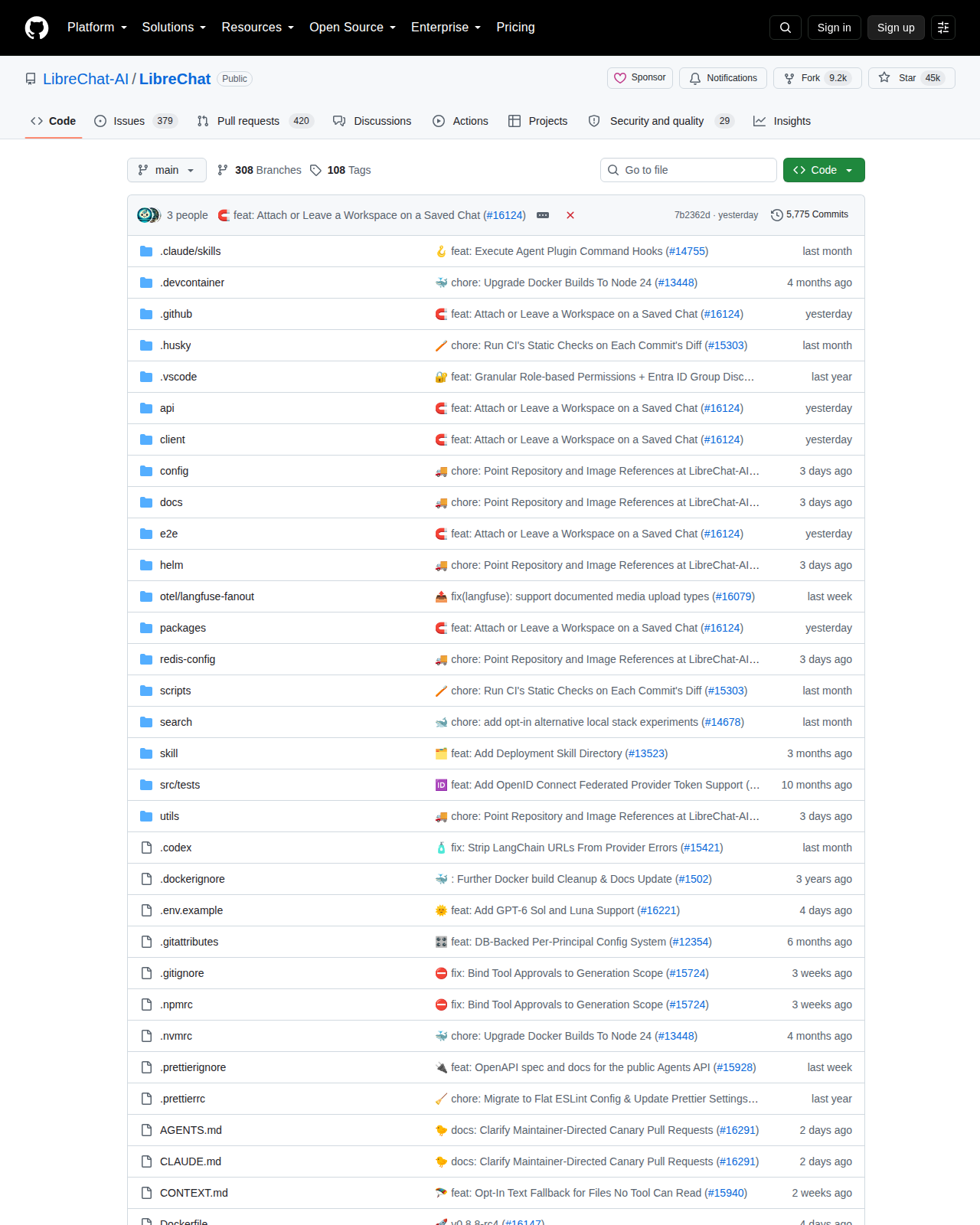 LibreChat-AI/LibreChat GitHub 首頁頂部（儲存庫名稱 LibreChat-AI/LibreChat、45k 星標與專案描述）