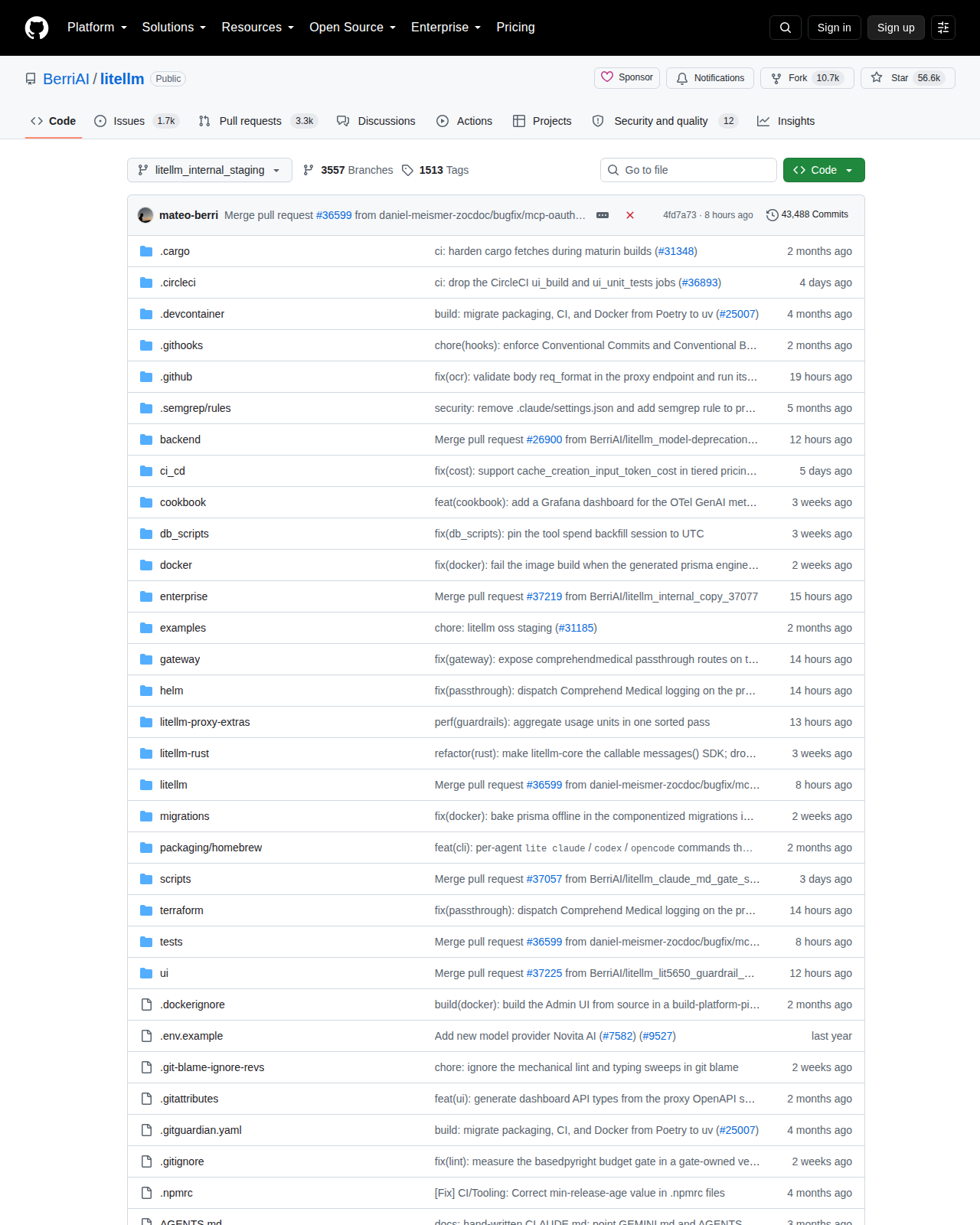 LiteLLM GitHub 首頁頂部（repo 名稱「BerriAI / litellm」+ 星標數 + 描述「Open Source AI Gateway for 100+ LLMs. Self-hosted. Enterprise-ready. Call any LLM in OpenAI format.」+ Python 主要語言 + 授權 + 建立日期與近期活躍更新）