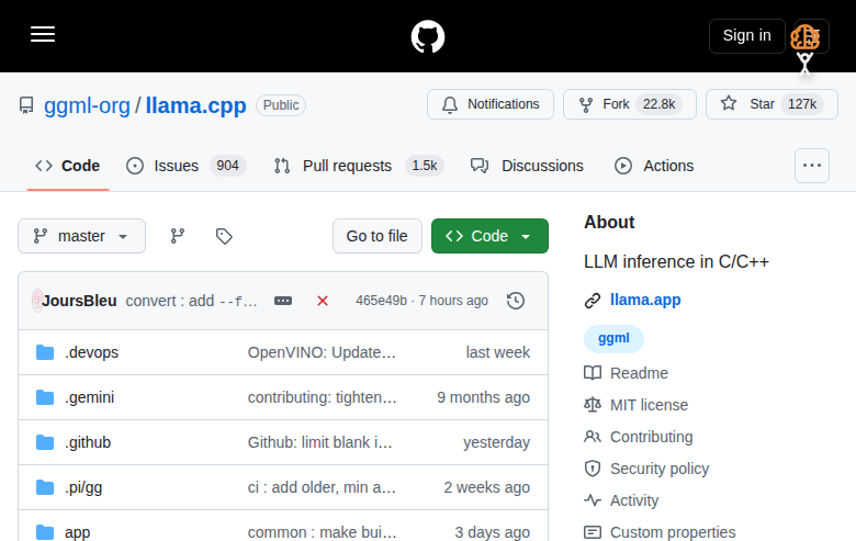llama.cpp GitHub 主頁（123k stars + 項目描述）