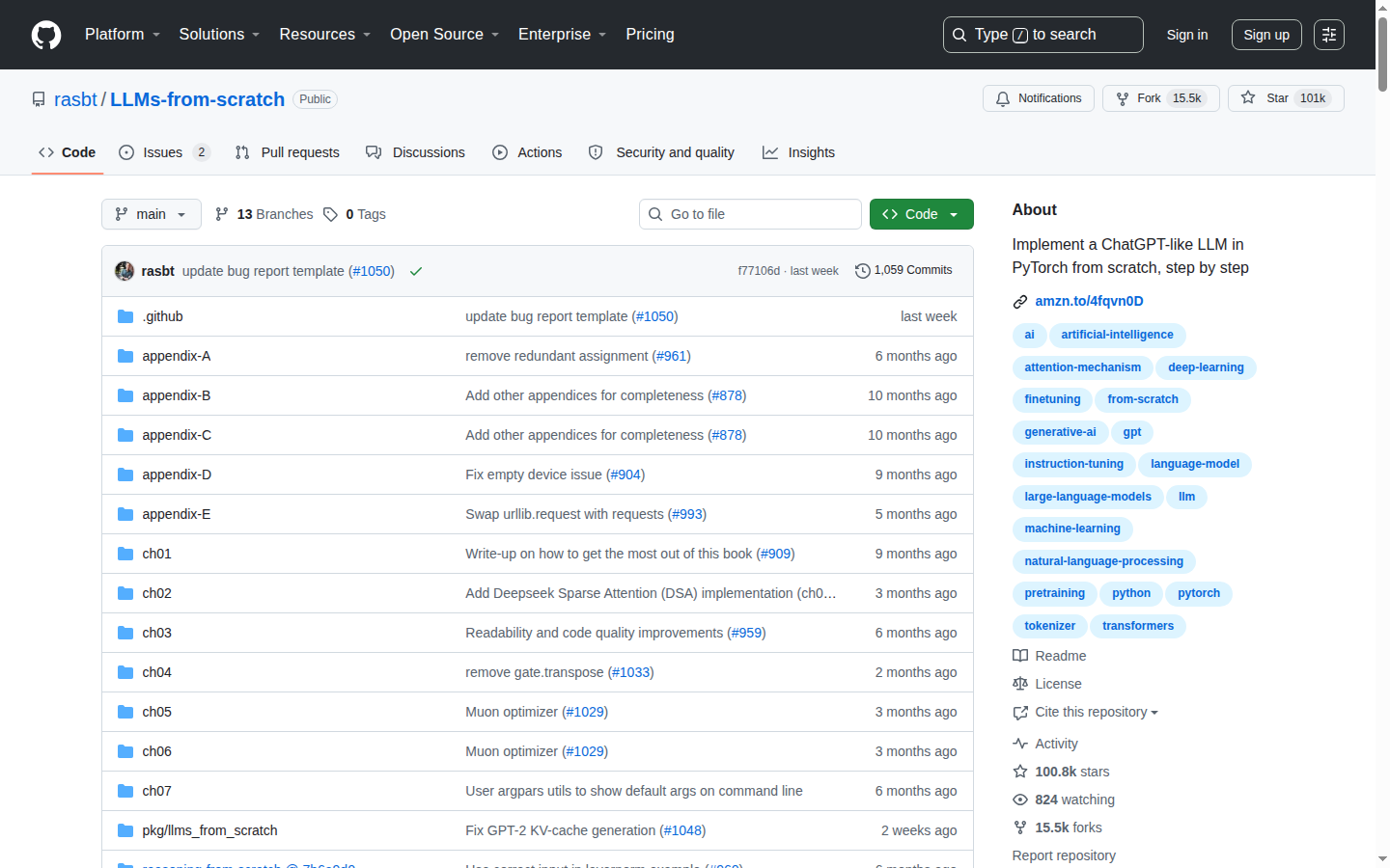 LLMs-from-scratch GitHub 主頁（repo 名 + 101k stars + 項目描述）