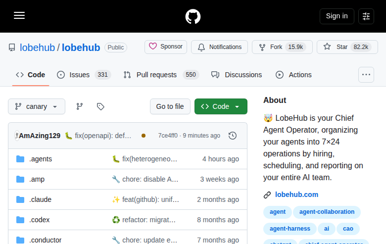 LobeHub GitHub 首頁頂部（repo 名 lobehub/lobehub + Star 82.2k + Fork 15.9k + 描述）