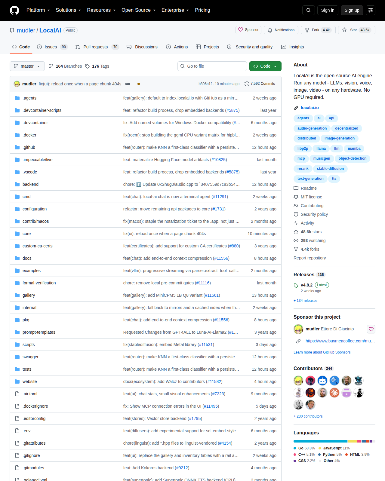 LocalAI GitHub 首頁頂部（repo 名 mudler/LocalAI + 收錄 ISTAR 數與 4.4k 復刻 + 一句項目描述「開源 AI 引擎，可運行任何模型」）
