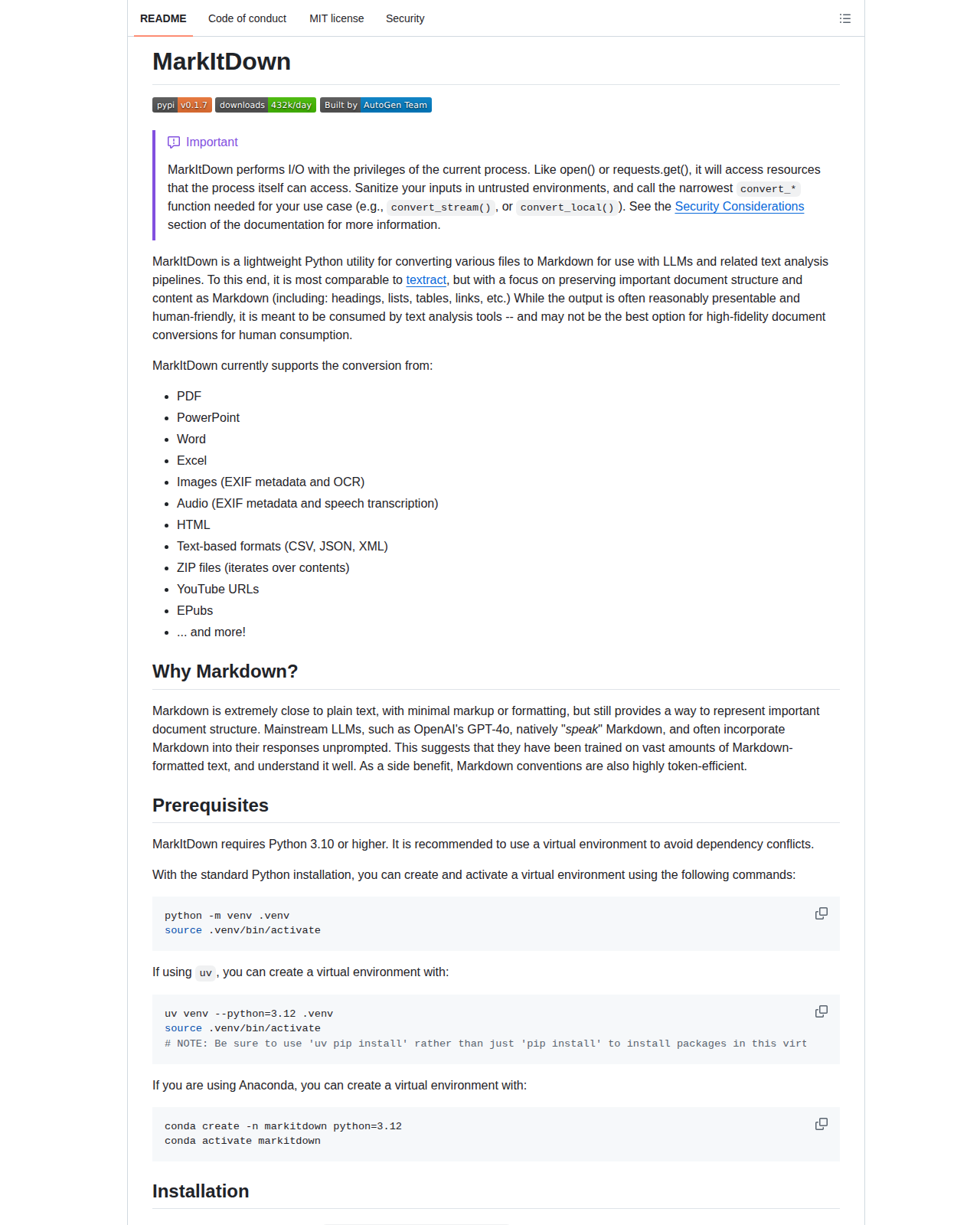 MarkItDown README 開頭（項目名稱「MarkItDown」大標題 + PyPI 版本徽章 + 每日 43.2 萬下載量徽章 + 「Built by AutoGen Team」徽章 + 紫色 Important 安全提示框）