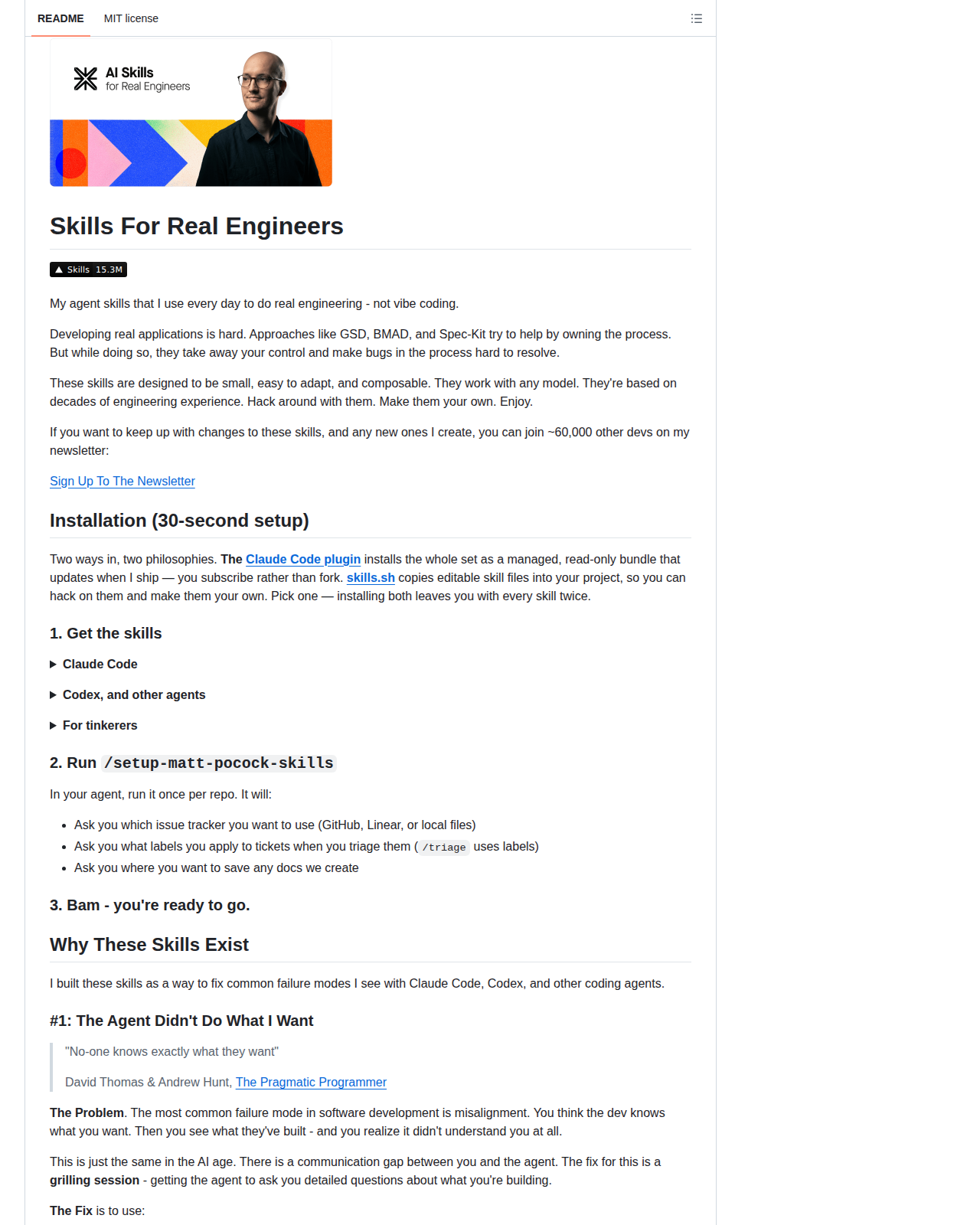 Matt Pocock Skills README 開頭（項目名稱 Skills For Real Engineers 大字標題與 AI Skills for Real Engineers 橫幅）