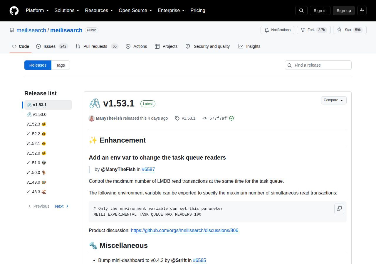 Meilisearch GitHub Releases 統計頁截圖（meilisearch/meilisearch 的最新版本 v1.53.1 與版本發布紀錄）