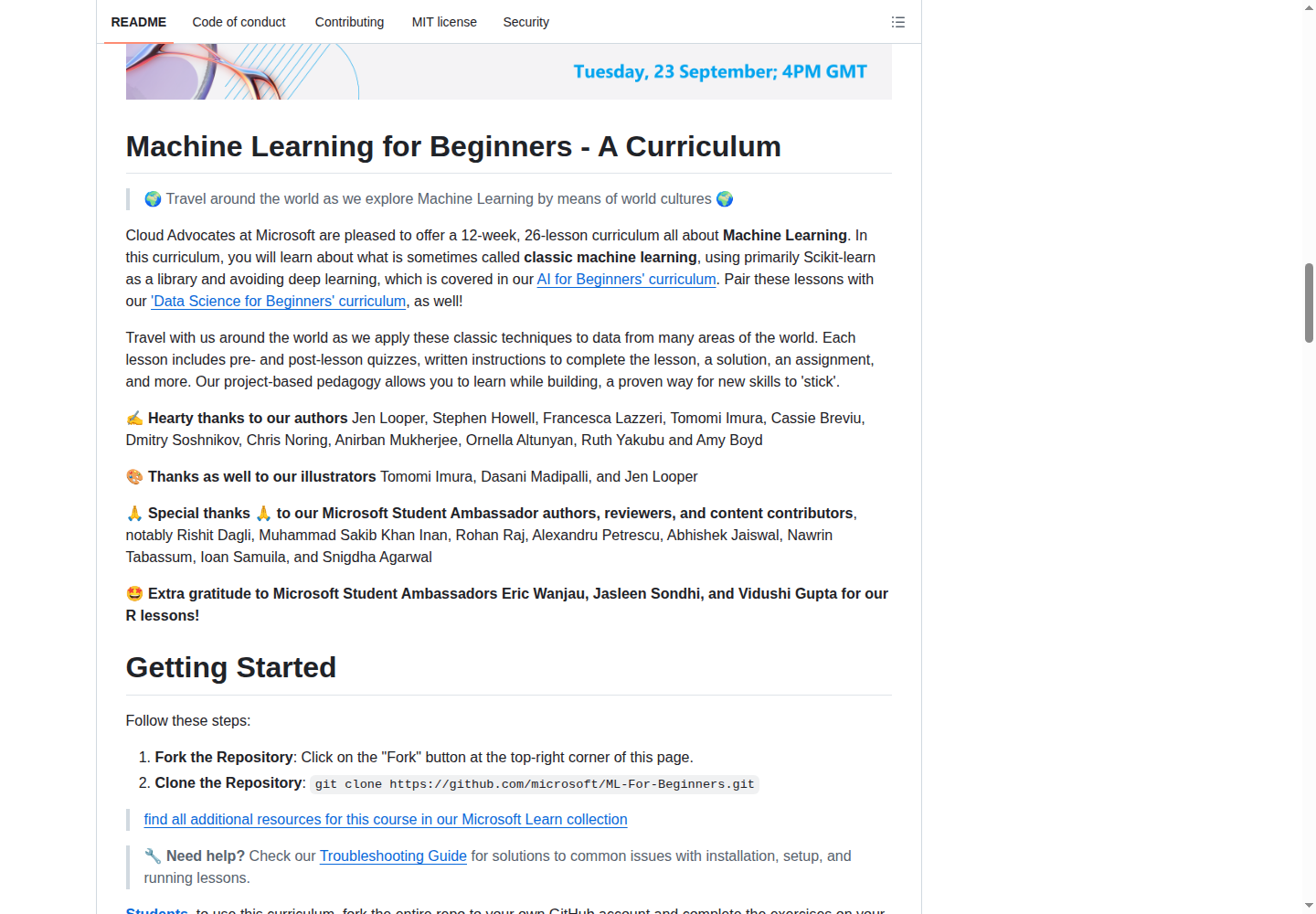 ML-For-Beginners README 開頭（課程名稱大字 + 定位描述）